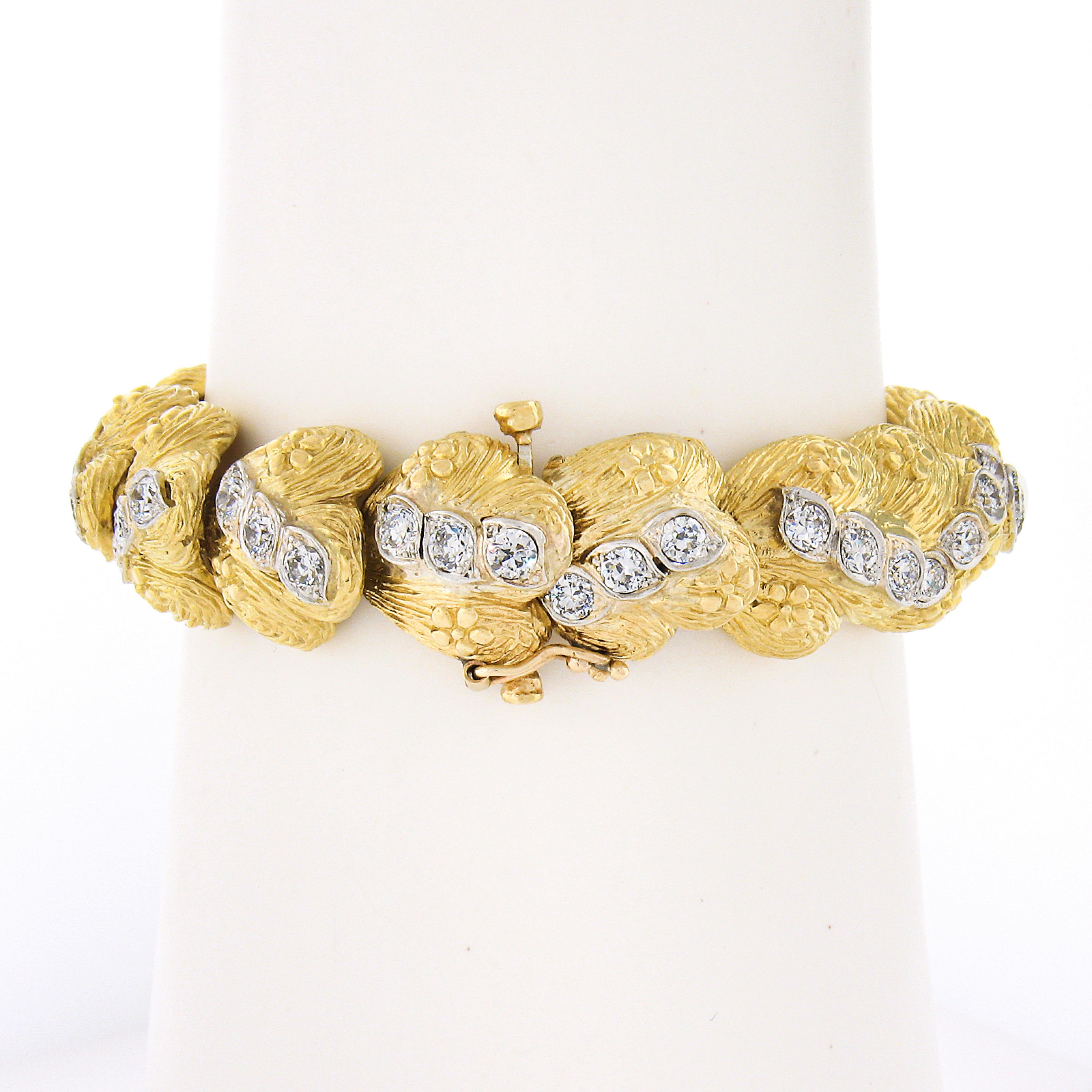 Dieses atemberaubende und solide gefertigte Vintage-Armband ist aus massivem 18-karätigem Gelbgold gefertigt und verfügt über einzigartig gestaltete Glieder, die mit ca. 5 Karat hochwertigen Diamanten im alten europäischen und Übergangsschliff
