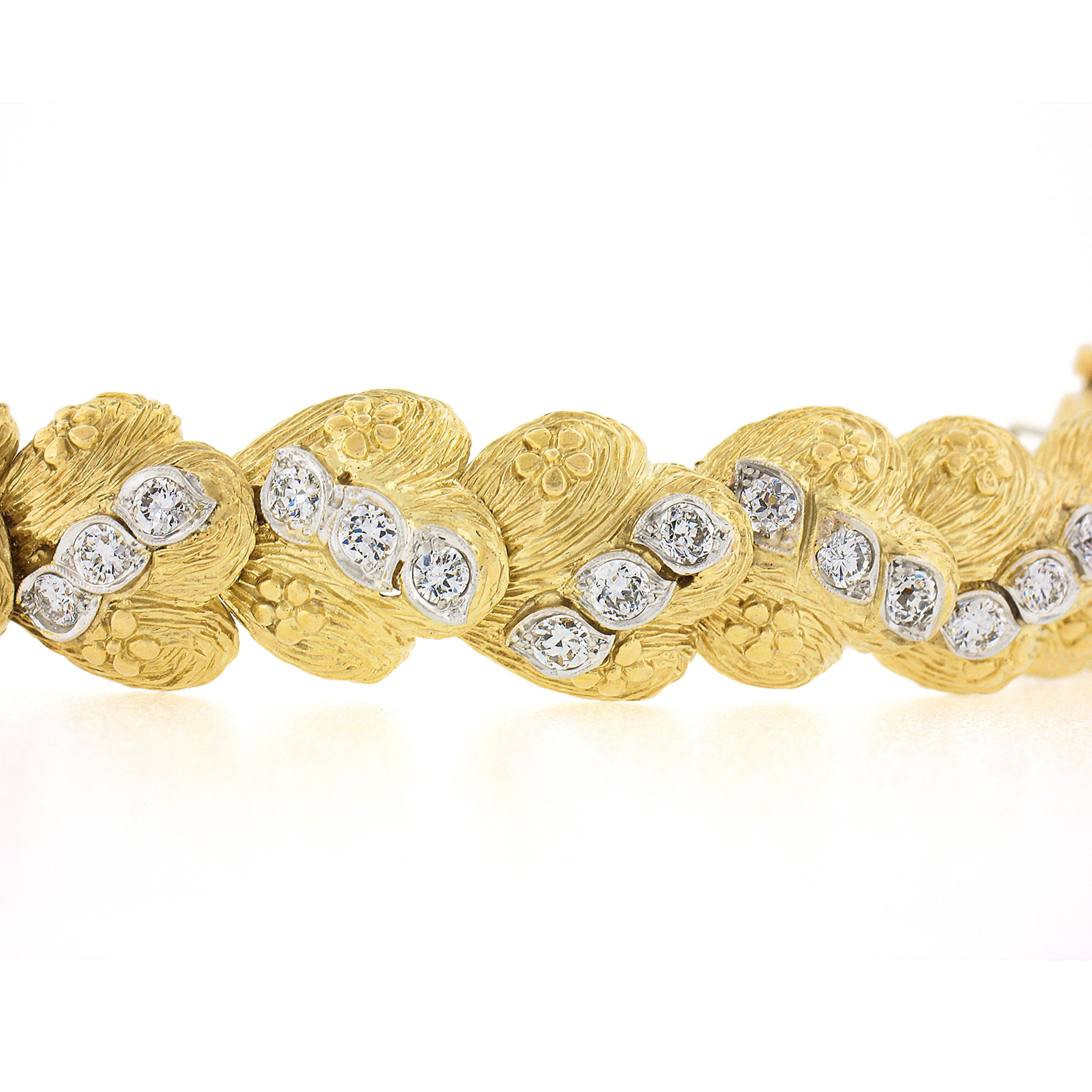 Vintage 18k Gold & Platinum 5.0ctw Old Diamond Etched Floral Statement Bracelet In Good Condition For Sale In Montclair, NJ