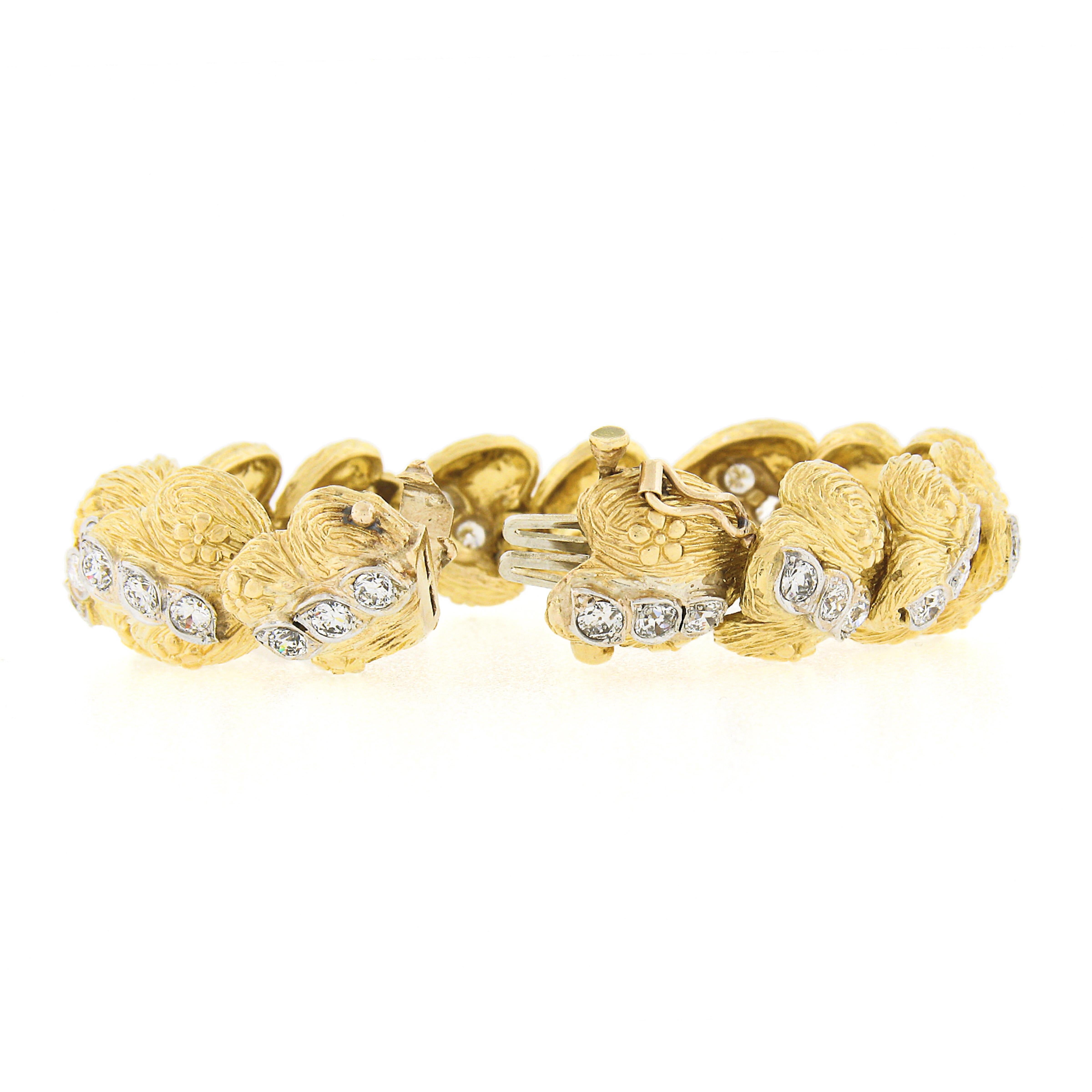 Women's Vintage 18k Gold & Platinum 5.0ctw Old Diamond Etched Floral Statement Bracelet For Sale