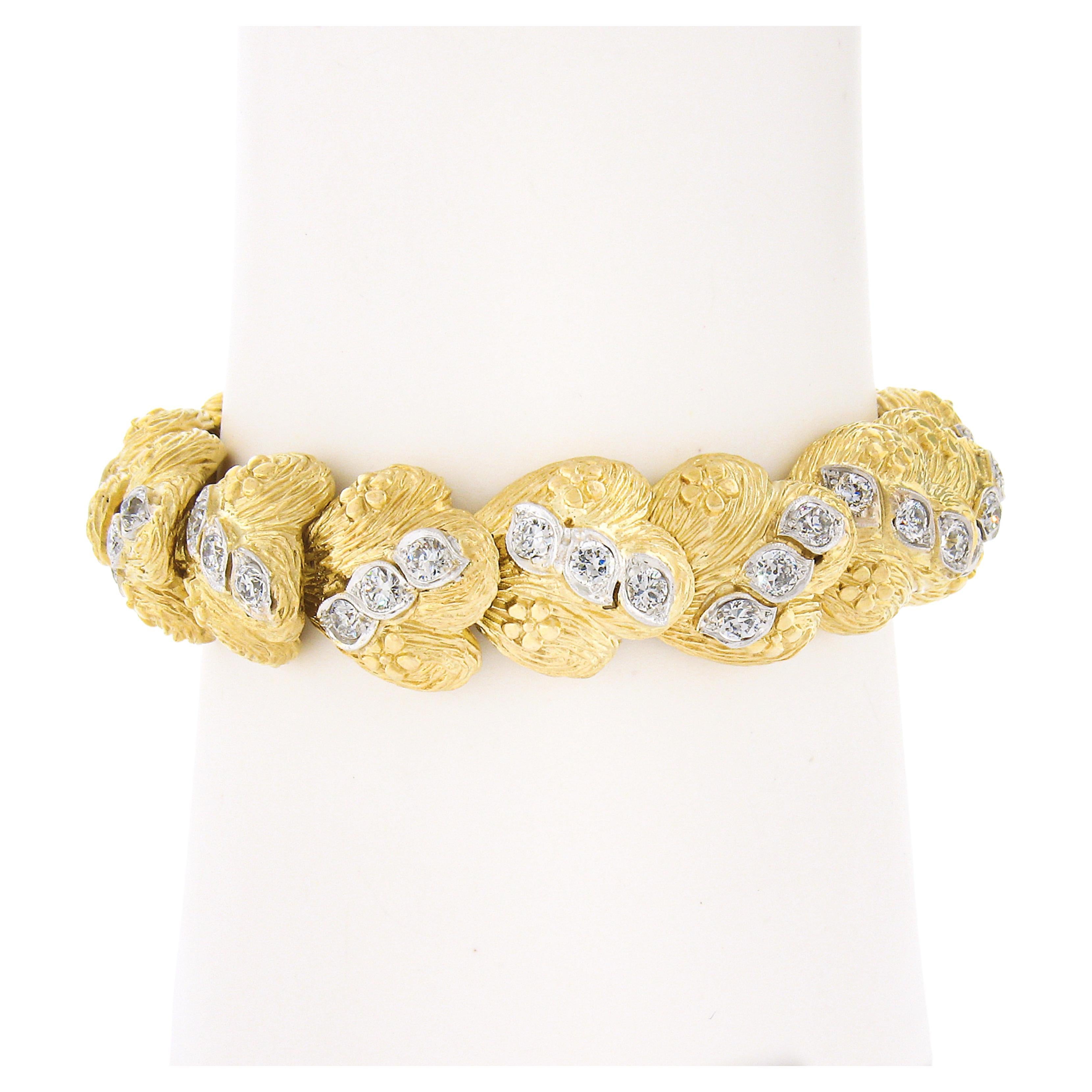 Vintage 18k Gold & Platinum 5.0ctw Old Diamond Etched Floral Statement Bracelet