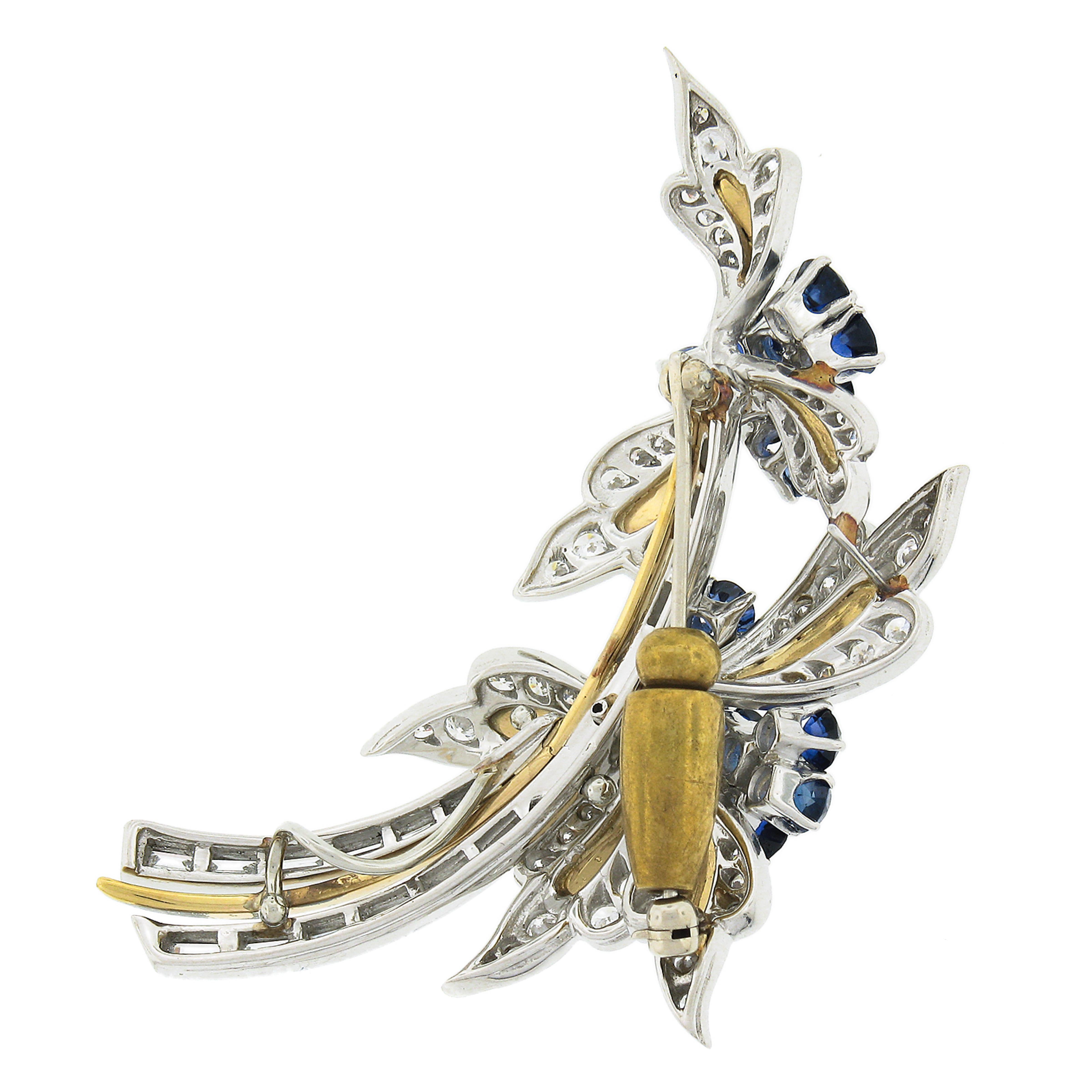 Taille ronde Broche vintage en forme de branche de fleur en or 18 carats et platine avec saphir GIA et diamants de 6 carats en vente