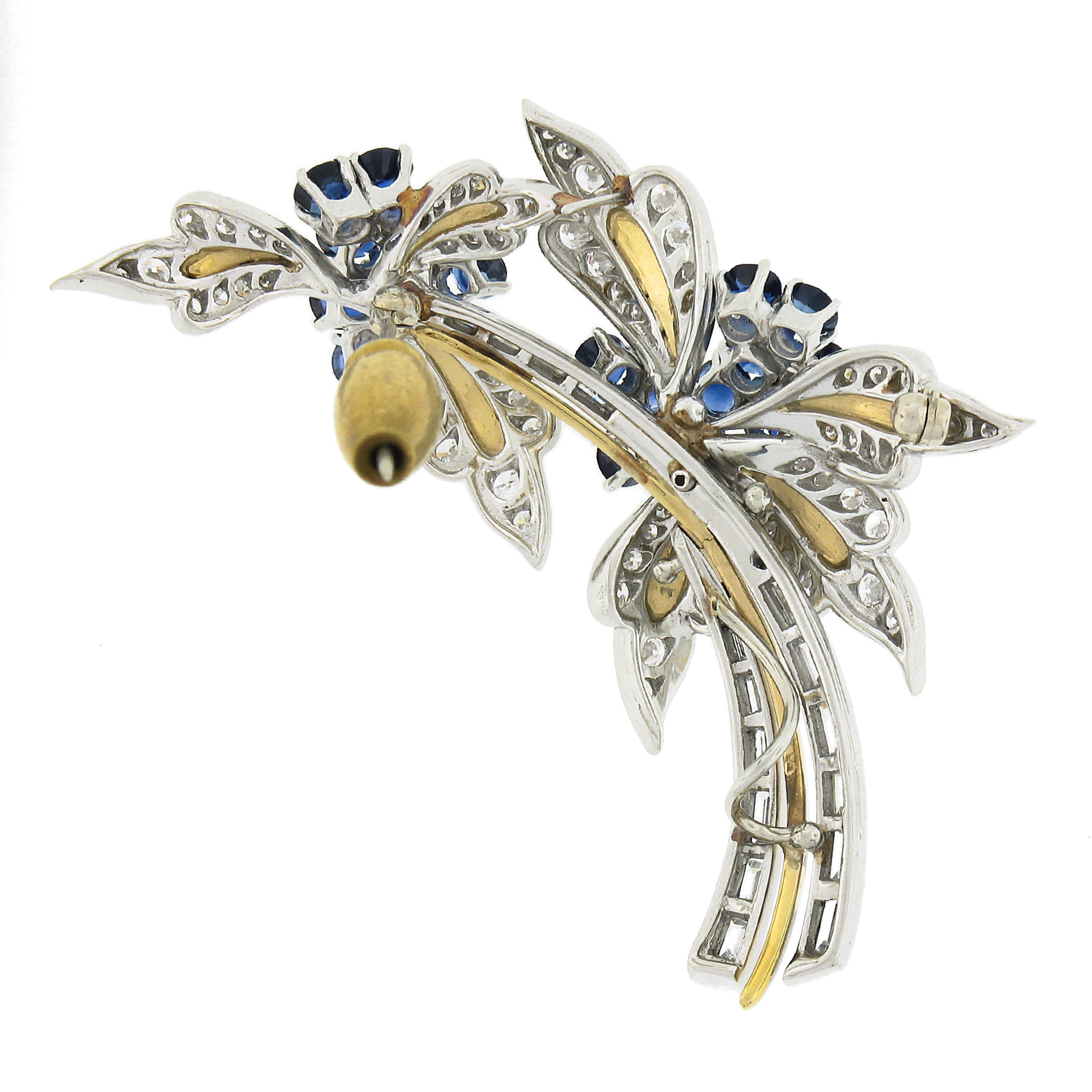 Round Cut Vintage 18k Gold & Platinum 6ctw GIA Sapphire & Diamond Flower Branch Pin Brooch For Sale