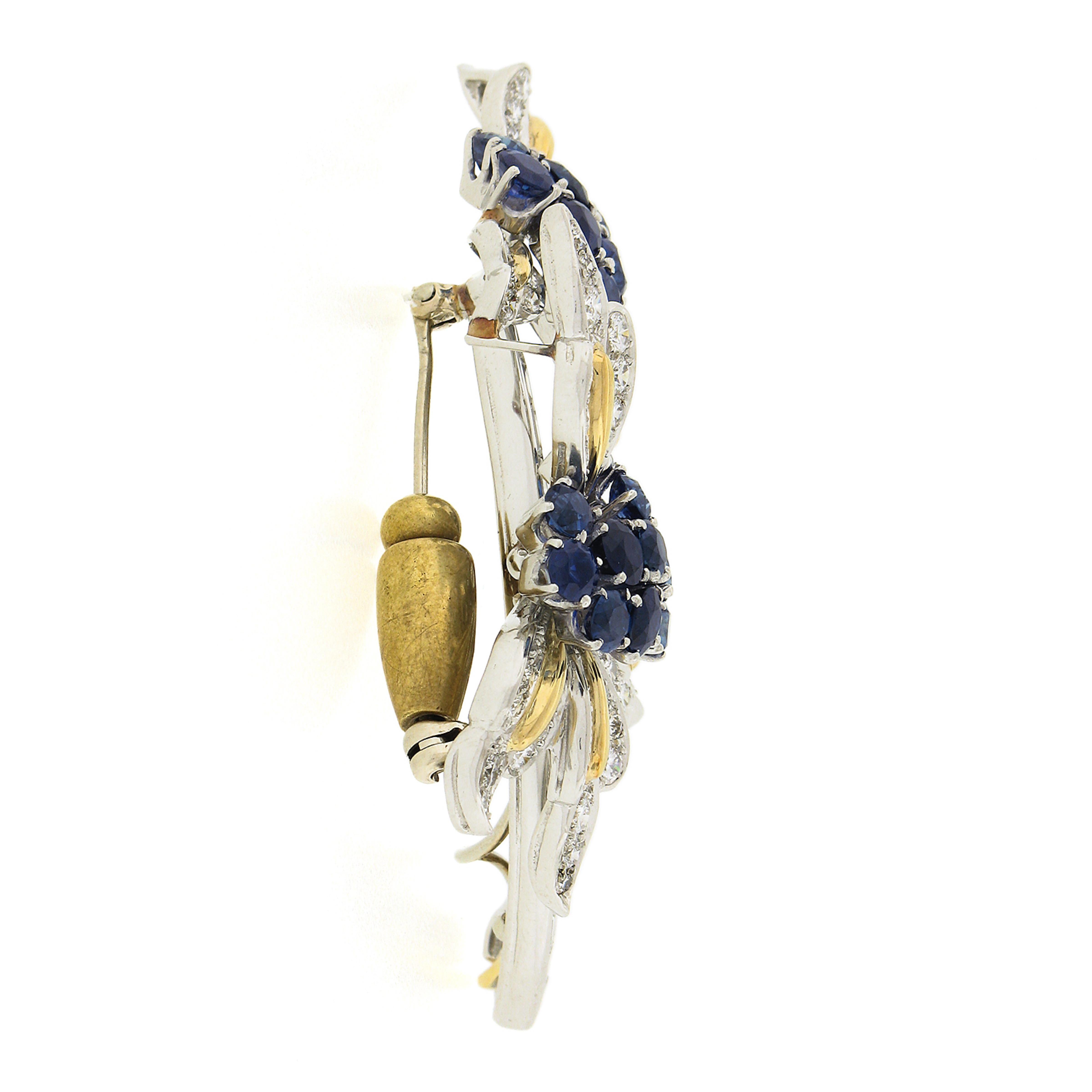 Vintage 18k Gold & Platinum 6ctw GIA Sapphire & Diamond Flower Branch Pin Brooch In Good Condition For Sale In Montclair, NJ
