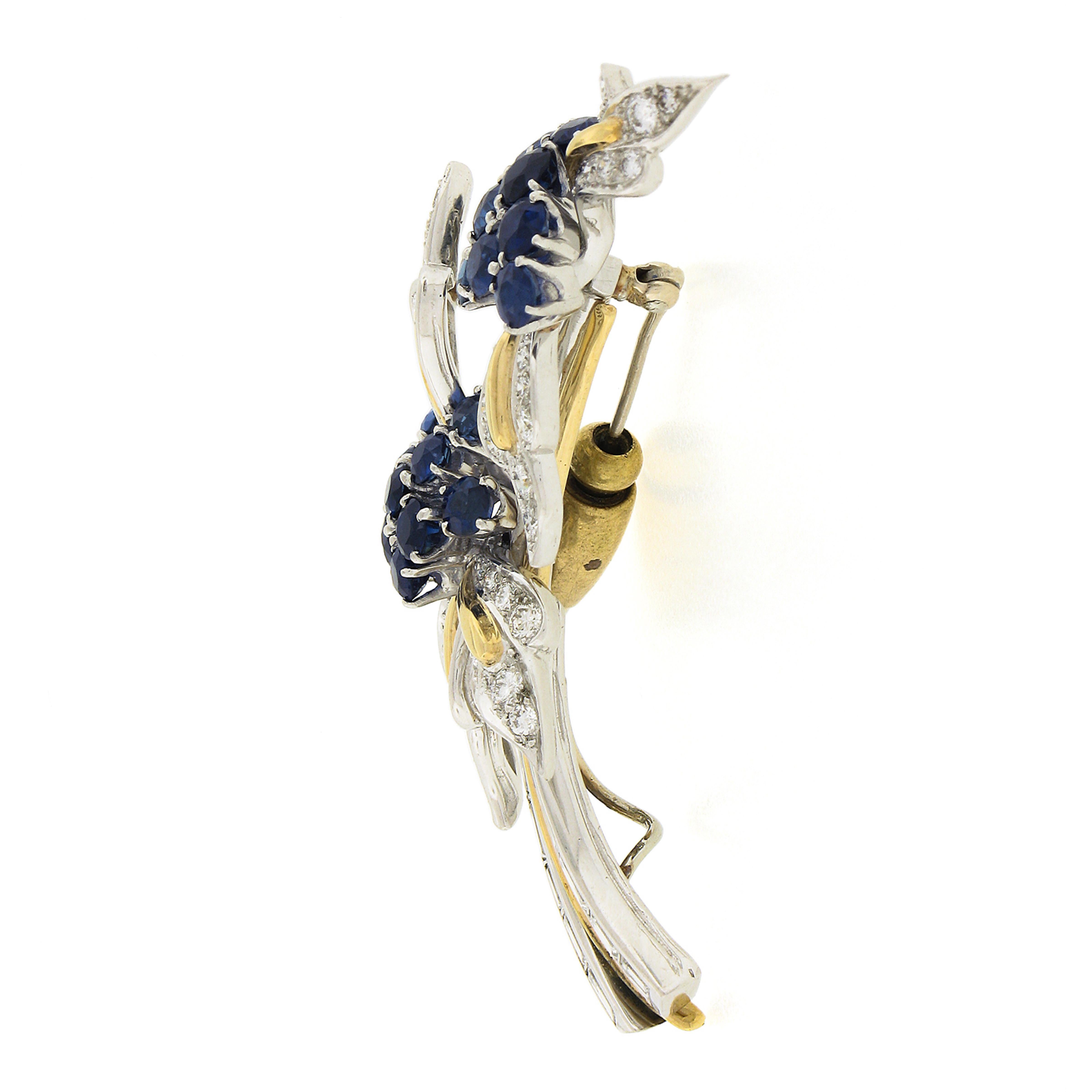Broche vintage en forme de branche de fleur en or 18 carats et platine avec saphir GIA et diamants de 6 carats en vente 1