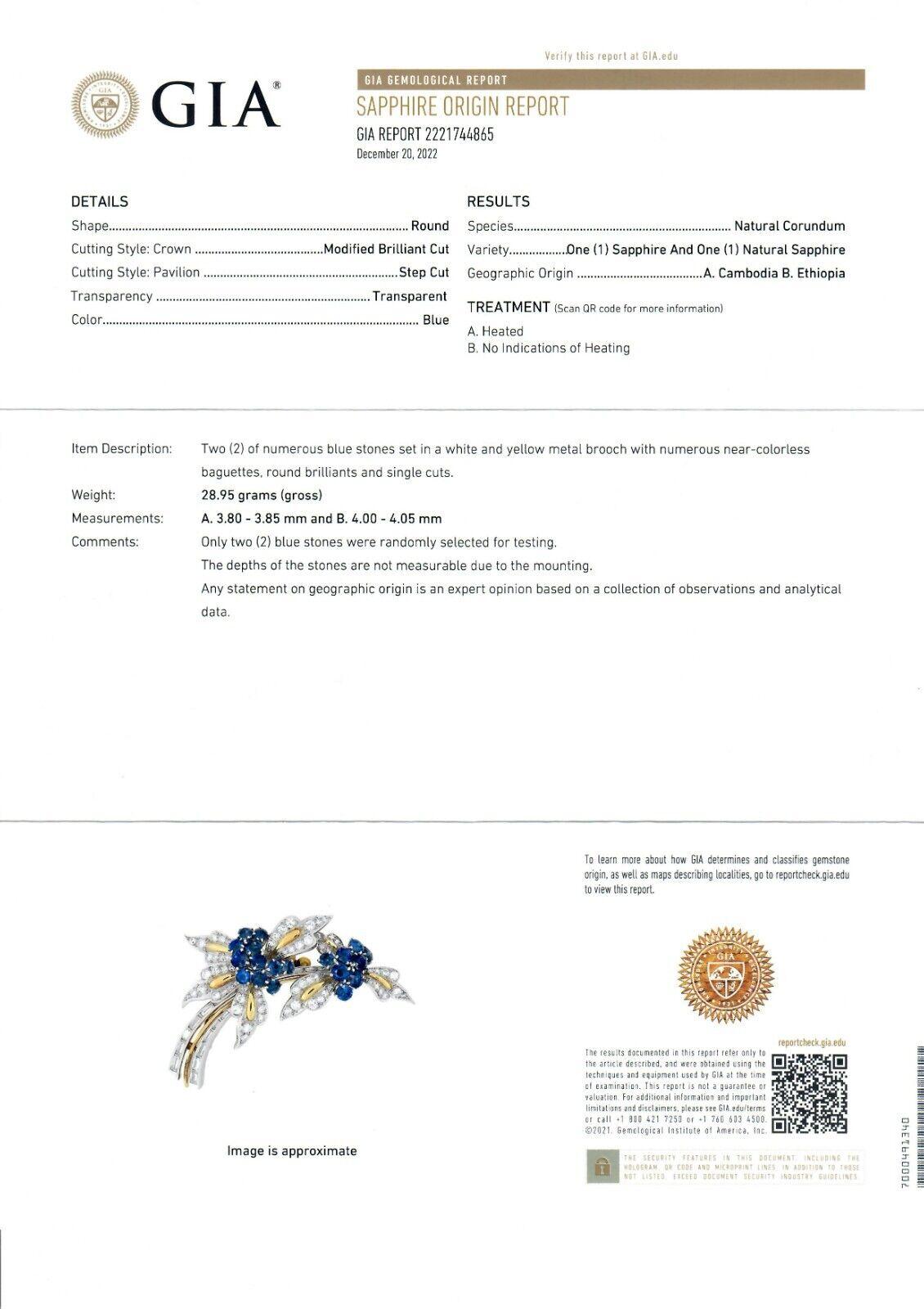 Vintage 18k Gold & Platinum 6ctw GIA Sapphire & Diamond Flower Branch Pin Brooch For Sale 2