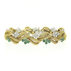 Vintage 18k Gold Platinum Diamond & Emerald Handmade Textured Wire Work Bracelet