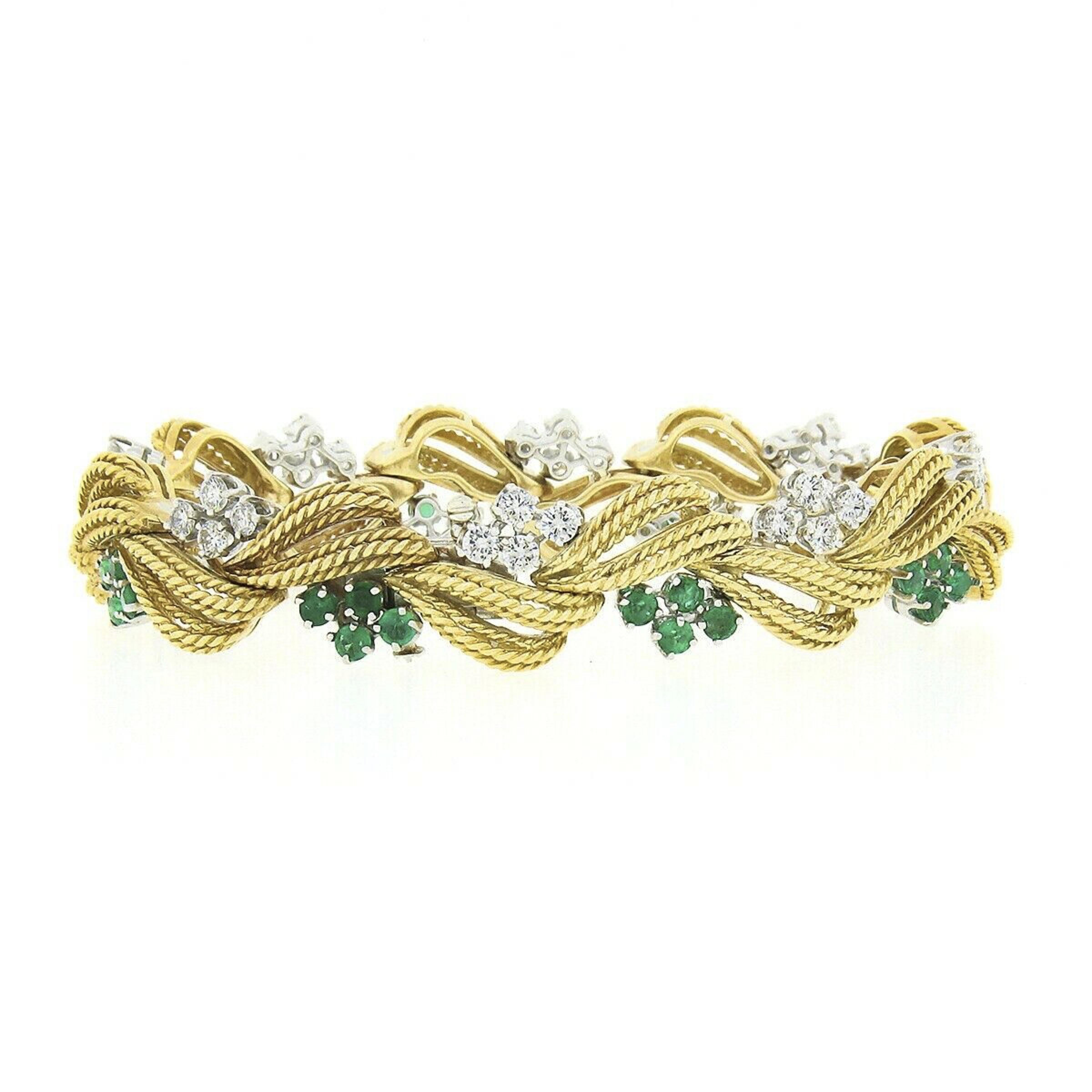 Round Cut Vintage 18k Gold Platinum Diamond & Emerald Handmade Textured Wire Work Bracelet For Sale