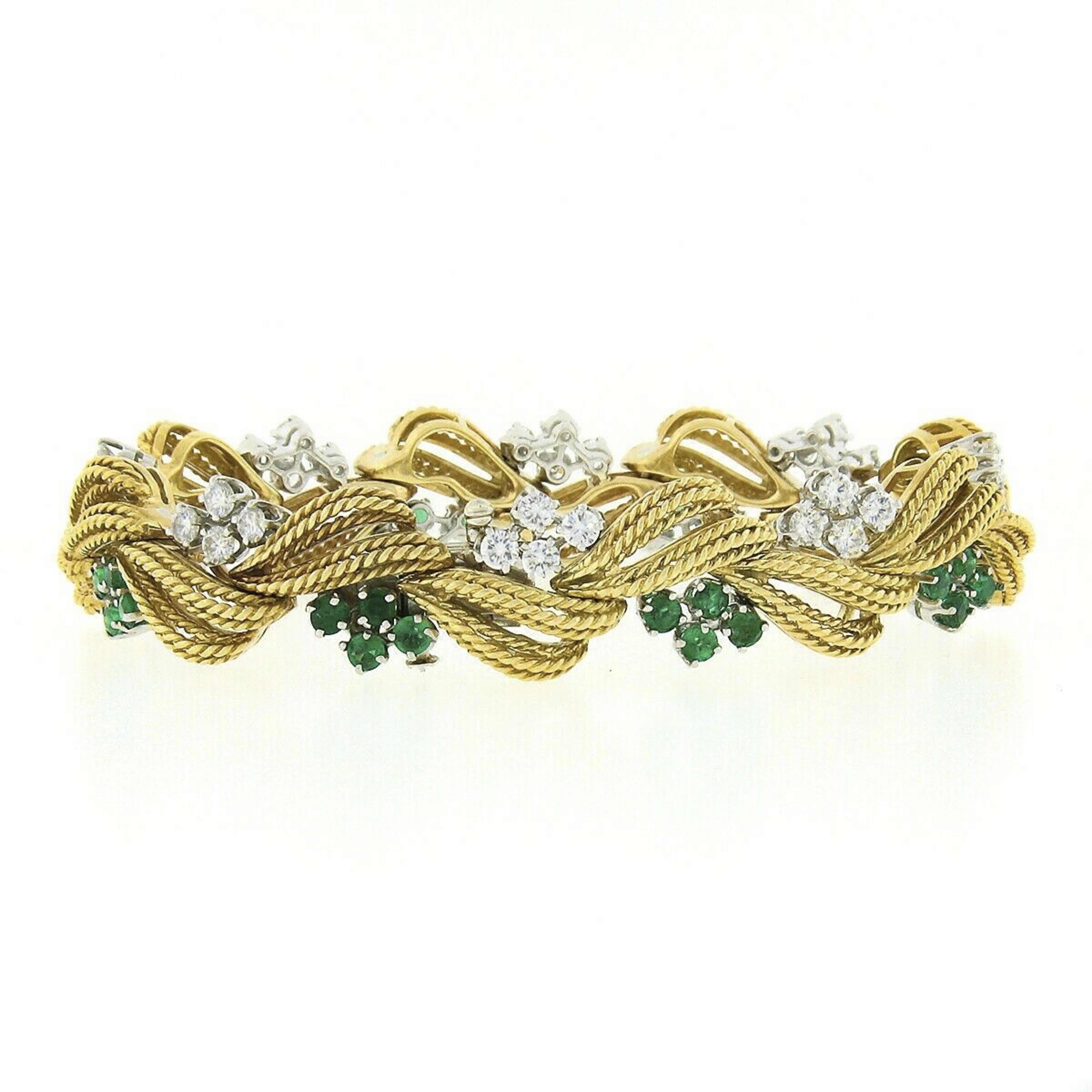 Vintage 18k Gold Platinum Diamond & Emerald Handmade Textured Wire Work Bracelet In Good Condition For Sale In Montclair, NJ