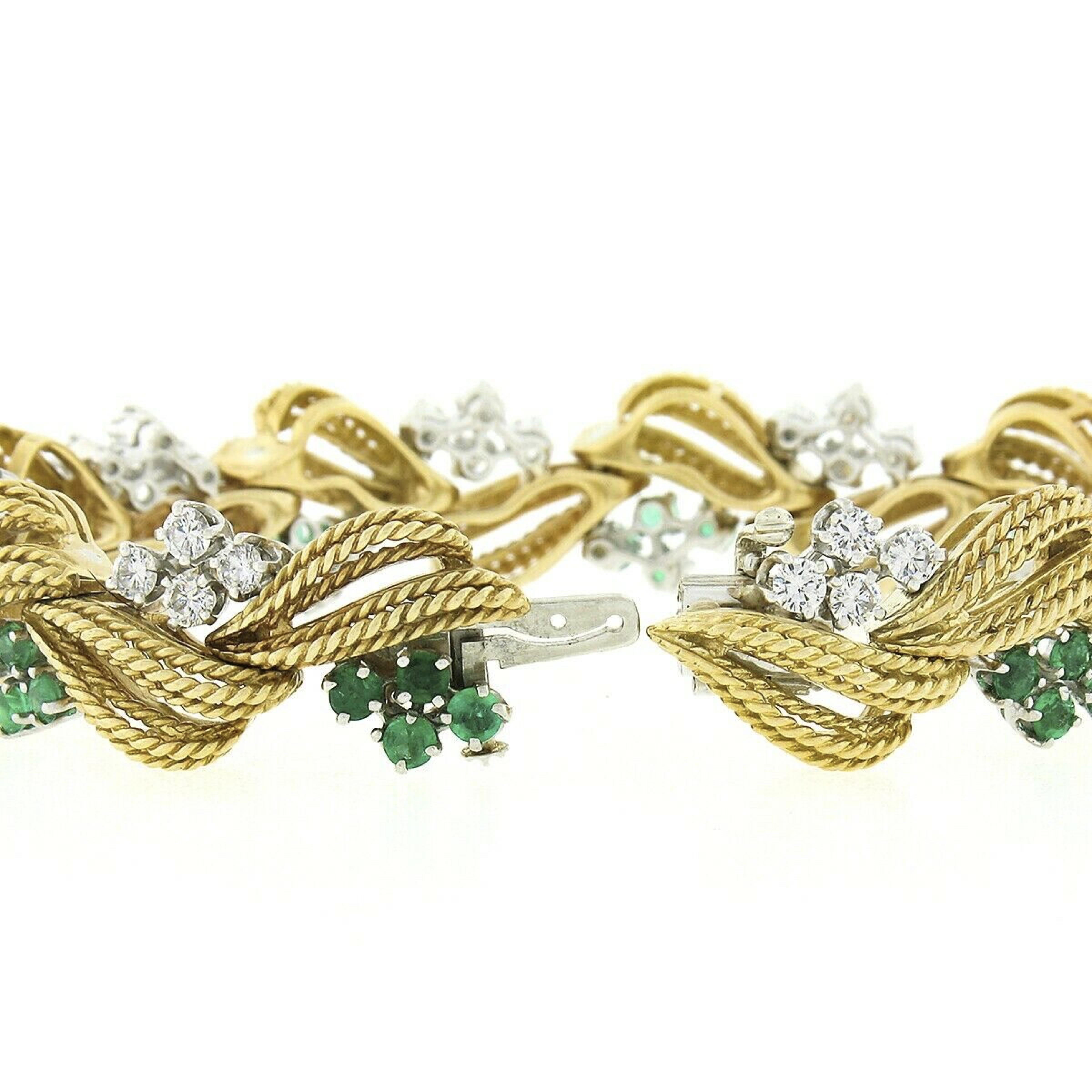 Women's Vintage 18k Gold Platinum Diamond & Emerald Handmade Textured Wire Work Bracelet For Sale