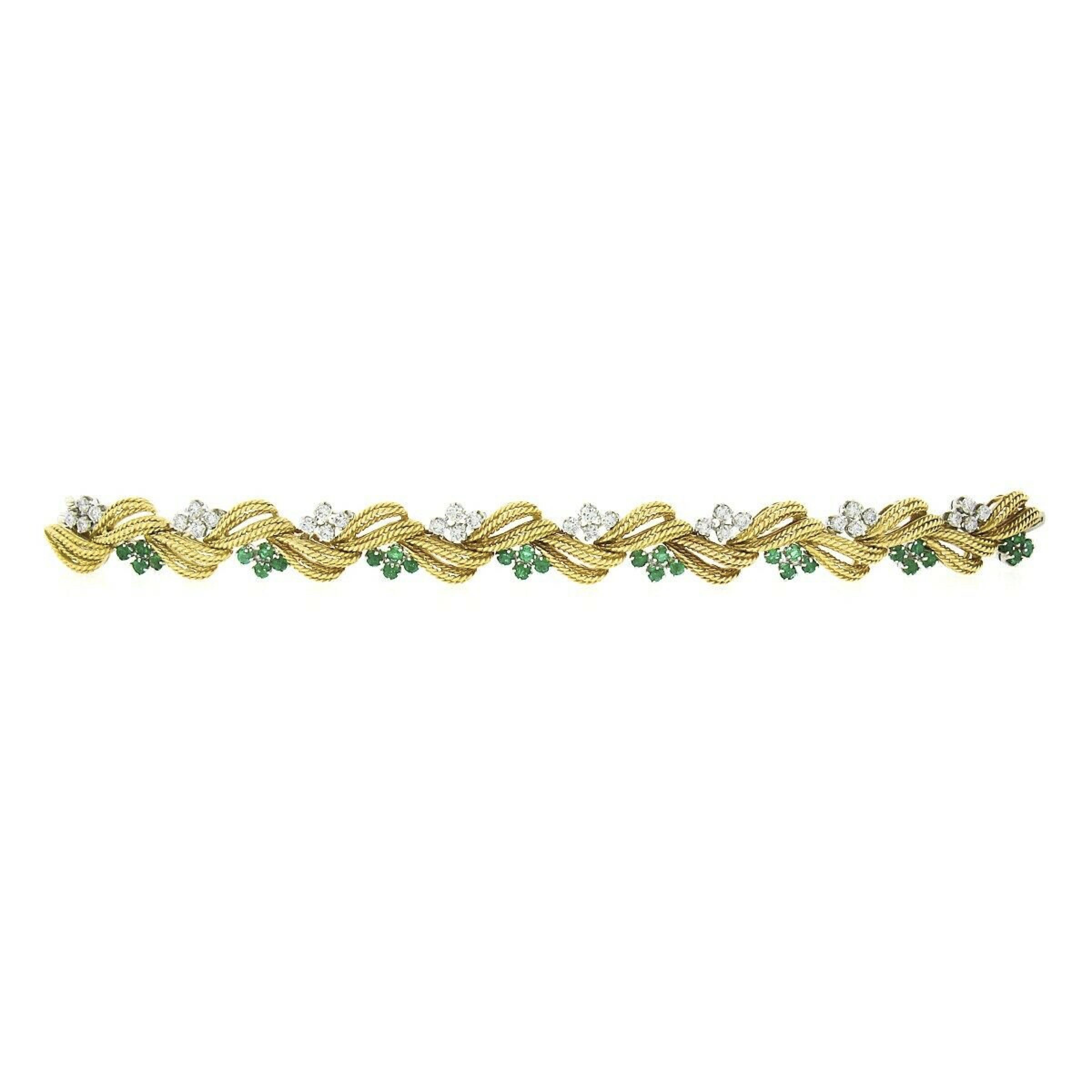 Vintage 18k Gold Platinum Diamond & Emerald Handmade Textured Wire Work Bracelet For Sale 1