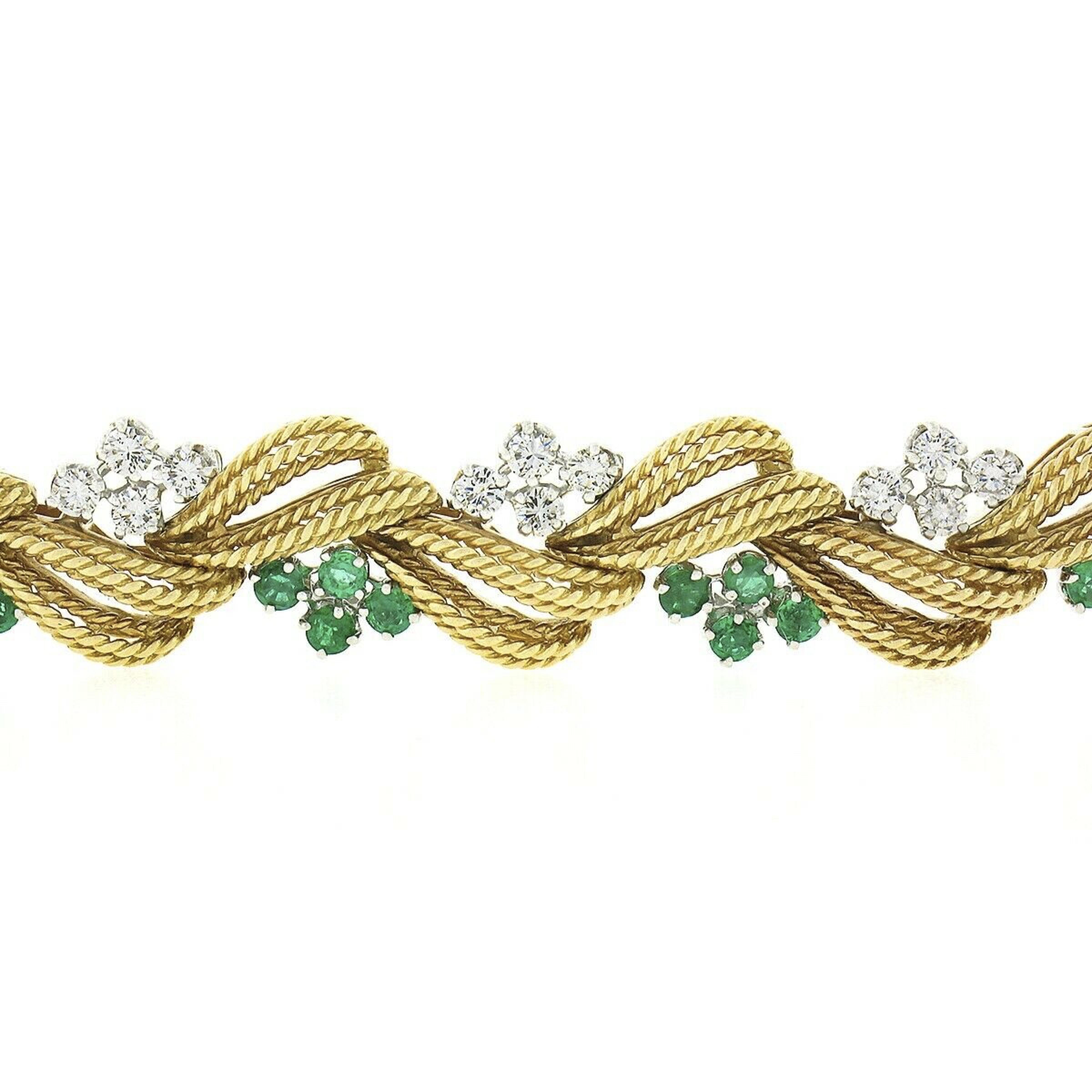 Vintage 18k Gold Platinum Diamond & Emerald Handmade Textured Wire Work Bracelet For Sale 2