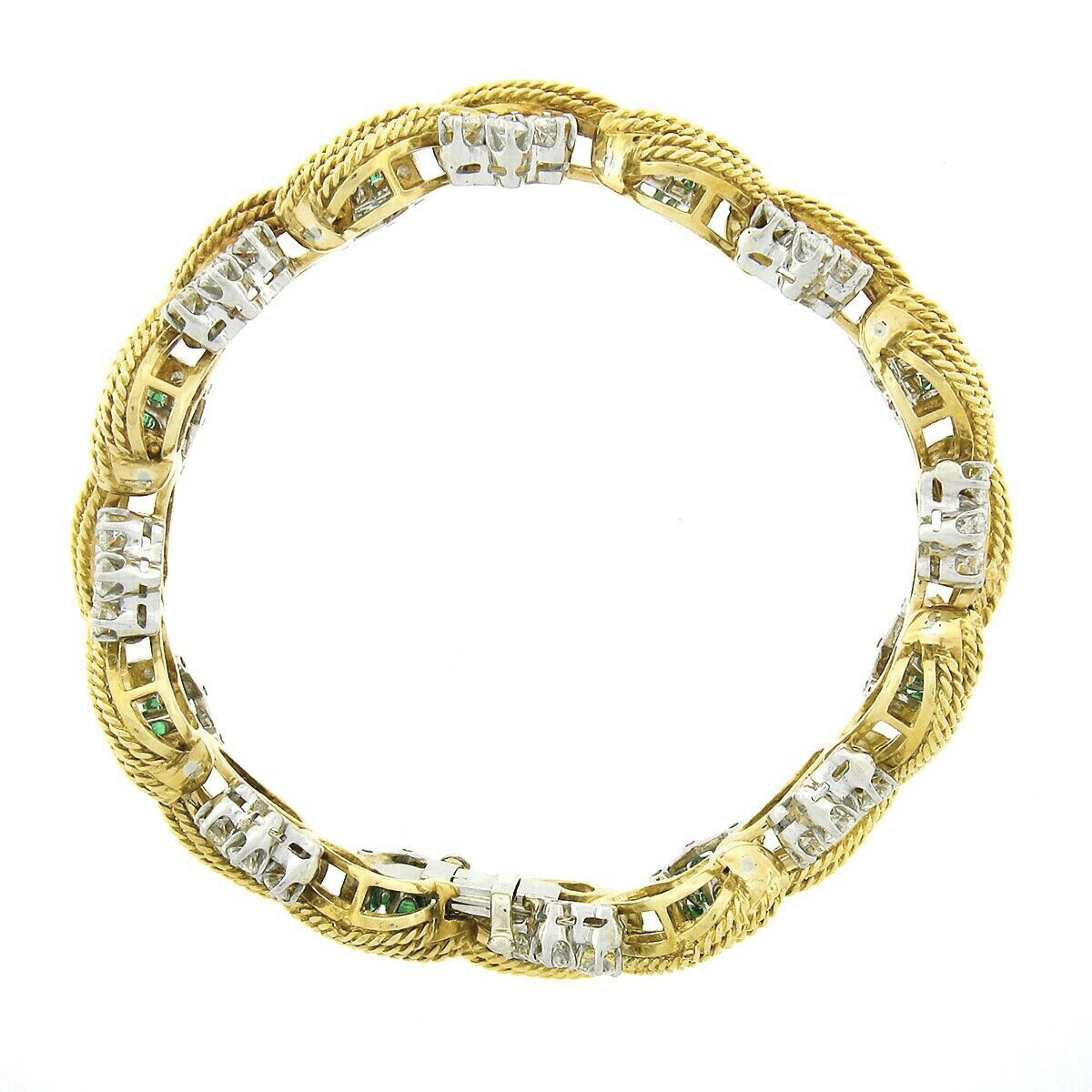 Vintage 18k Gold Platinum Diamond & Emerald Handmade Textured Wire Work Bracelet For Sale 3