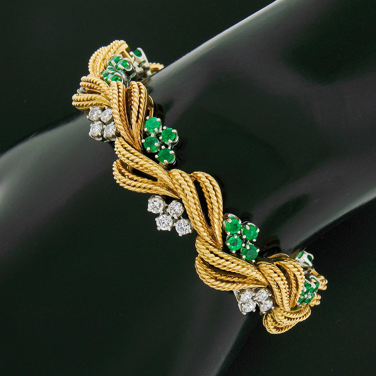 Vintage 18k Gold Platinum Diamond & Emerald Handmade Textured Wire Work Bracelet For Sale 4