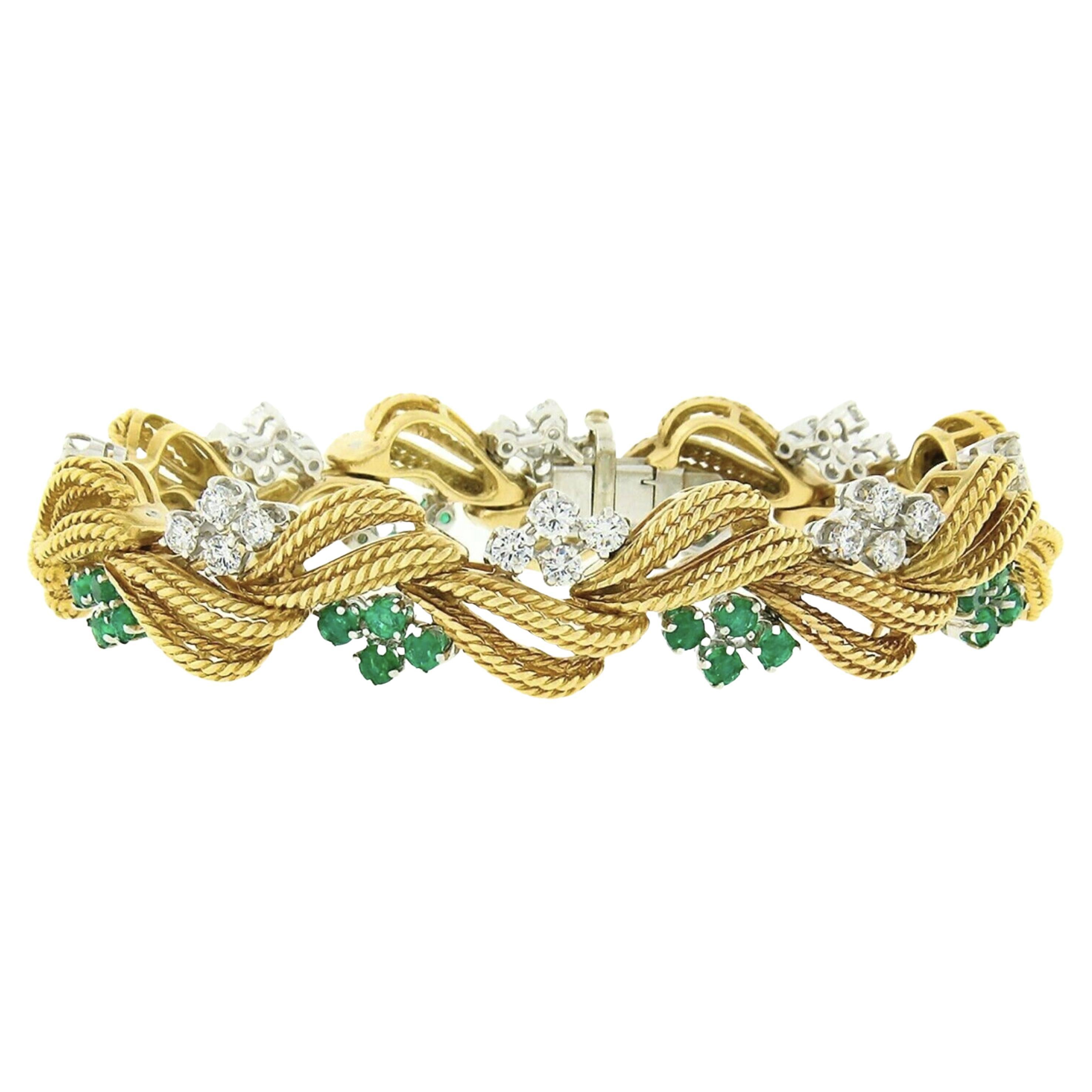 Vintage 18k Gold Platinum Diamond & Emerald Handmade Textured Wire Work Bracelet For Sale