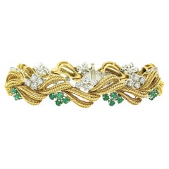 Vintage 18k Gold Platinum Diamond & Emerald Handmade Textured Wire Work Bracelet
