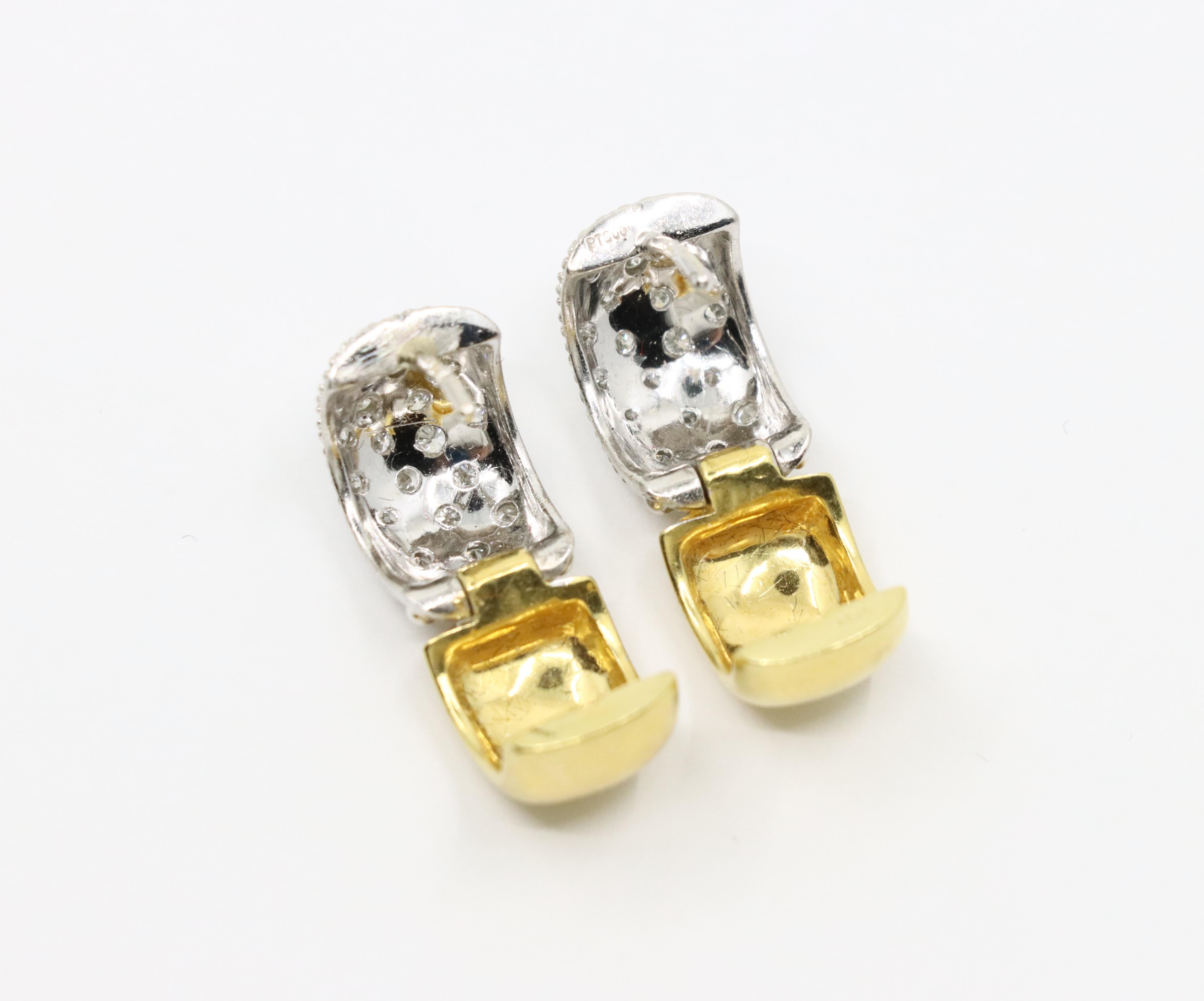 Pendientes aros vintage de oro de 18 quilates y diamantes en platino en venta 5