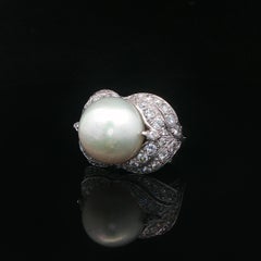 Vintage 18k Gold & Platinum GIA 14.36mm Pearl w/ Diamond Floral Layers Ring