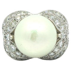 Vintage 18k Gold & Platinum GIA 14.36mm Pearl w/ Diamond Floral Layers Ring