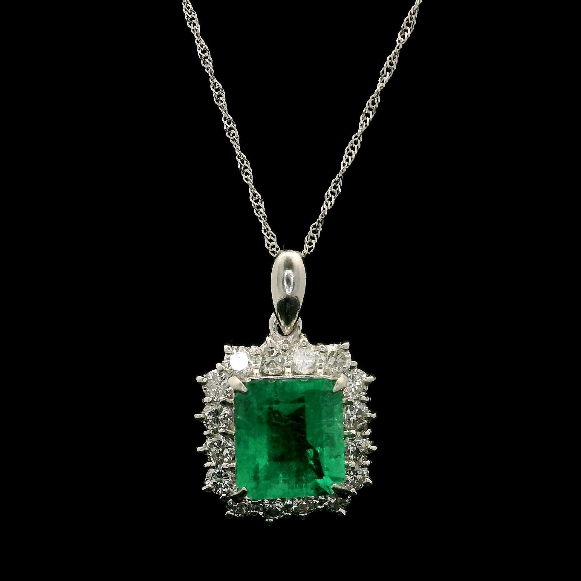 Vintage 18k Gold Platinum GIA 3.02ctw Colombian Emerald Diamond Pendant Necklace For Sale 7