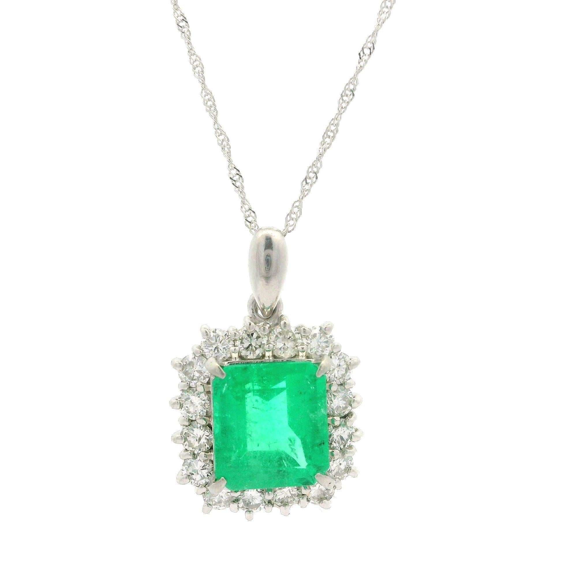 Vintage 18k Gold Platinum GIA 3.02ctw Colombian Emerald Diamond Pendant Necklace For Sale 8