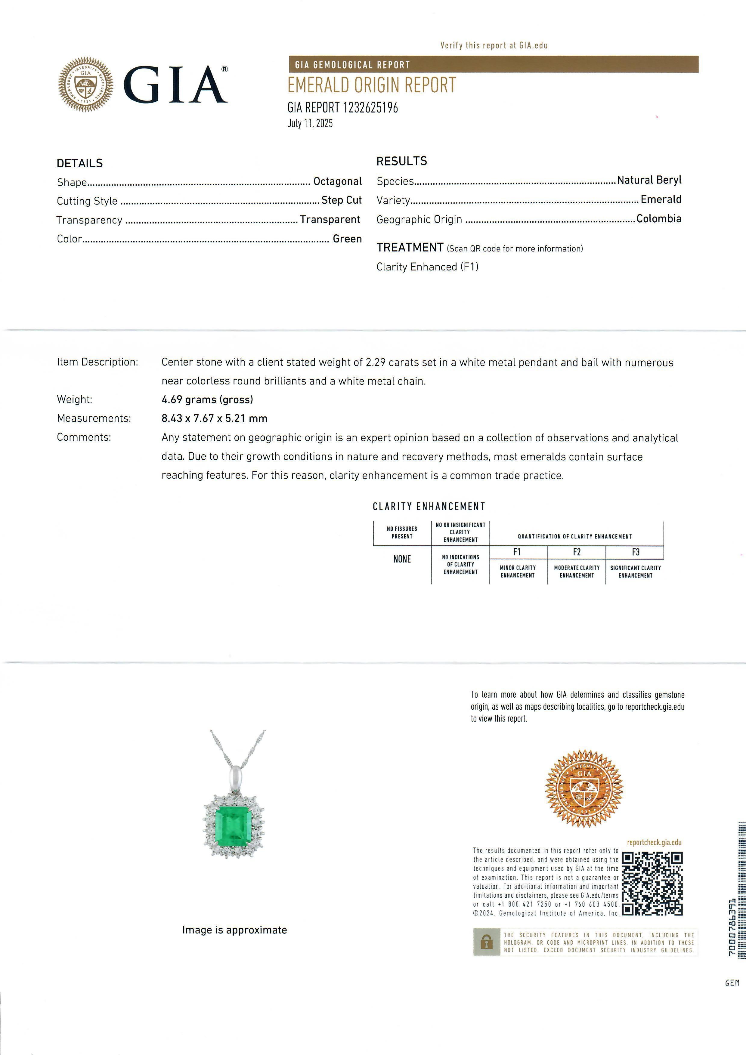 Women's Vintage 18k Gold Platinum GIA 3.02ctw Colombian Emerald Diamond Pendant Necklace For Sale