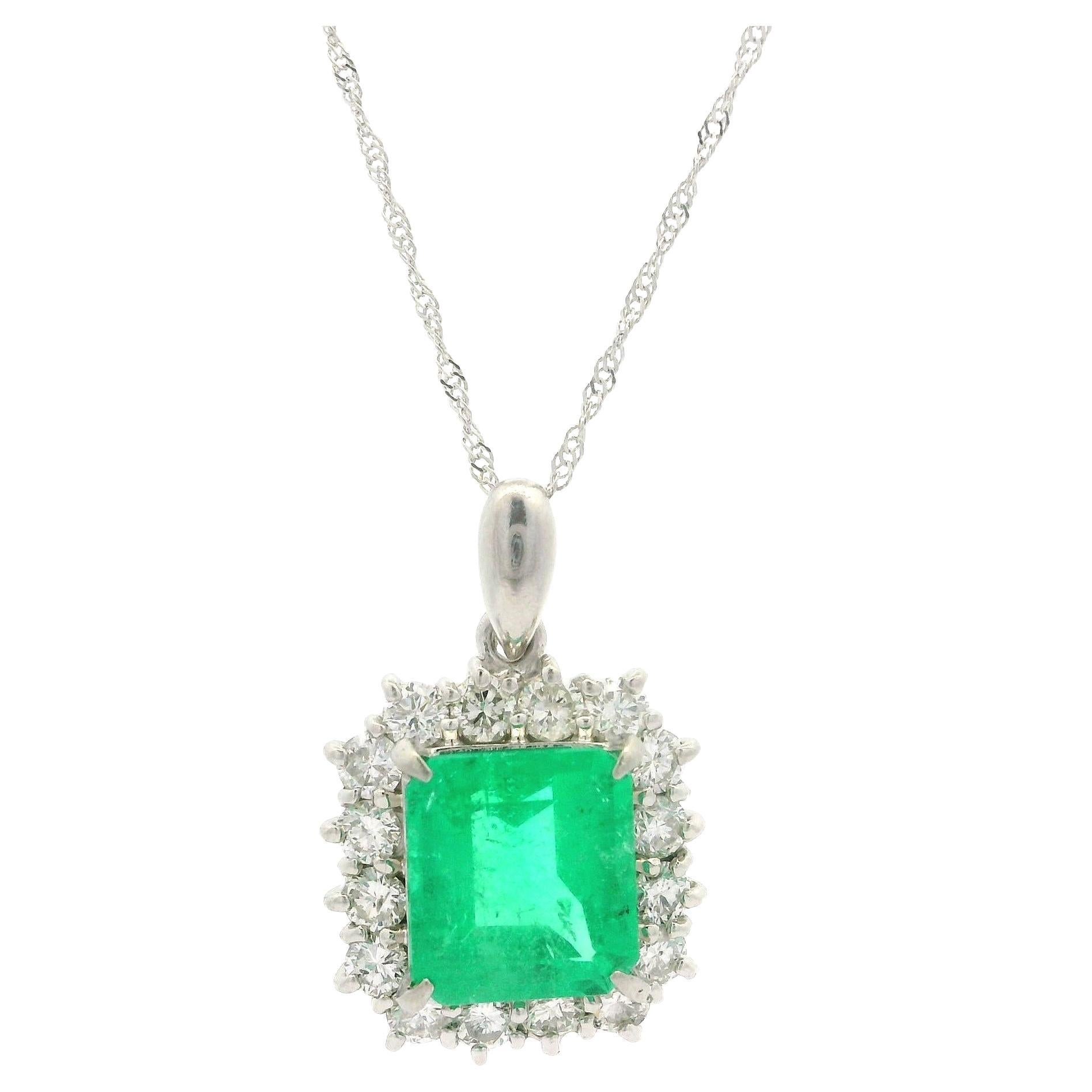 Vintage 18k Gold Platinum GIA 3.02ctw Colombian Emerald Diamond Pendant Necklace For Sale