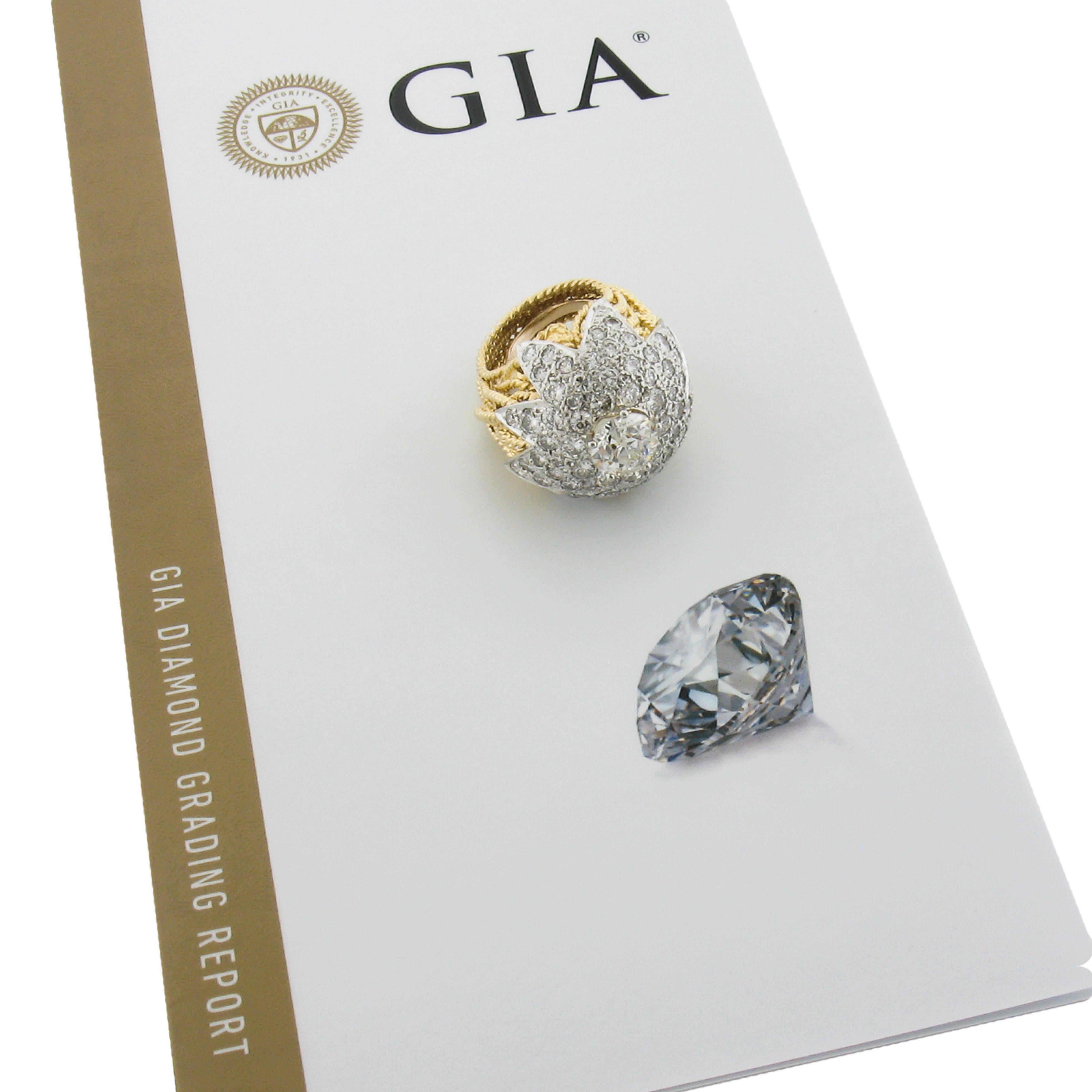 Anello da cocktail d'epoca in oro 18k e platino GIA Old Diamond Floral Star Wire Work in vendita 5