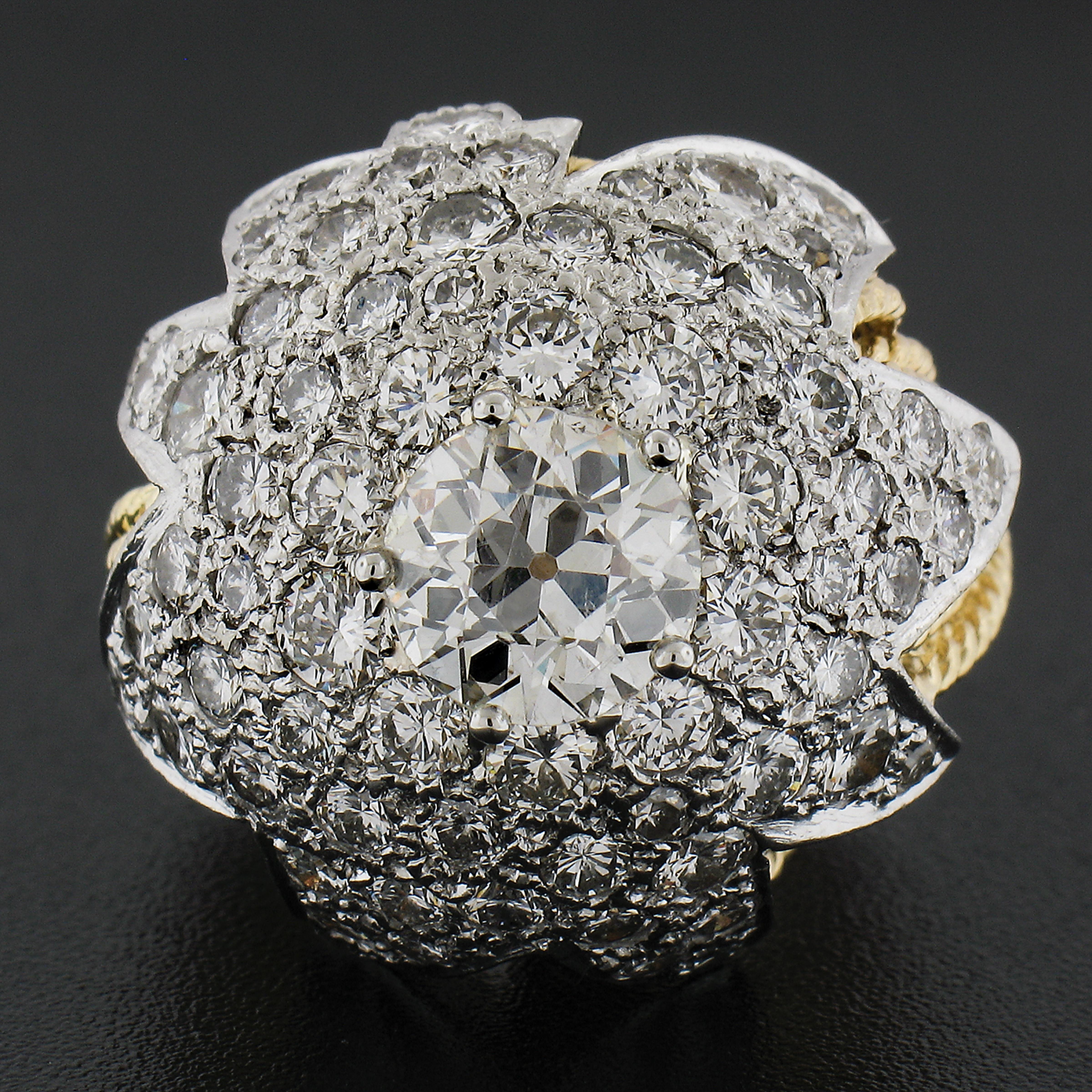 Old European Cut Vintage 18k Gold & Platinum Gia Old Diamond Floral Star Wire Work Cocktail Ring For Sale