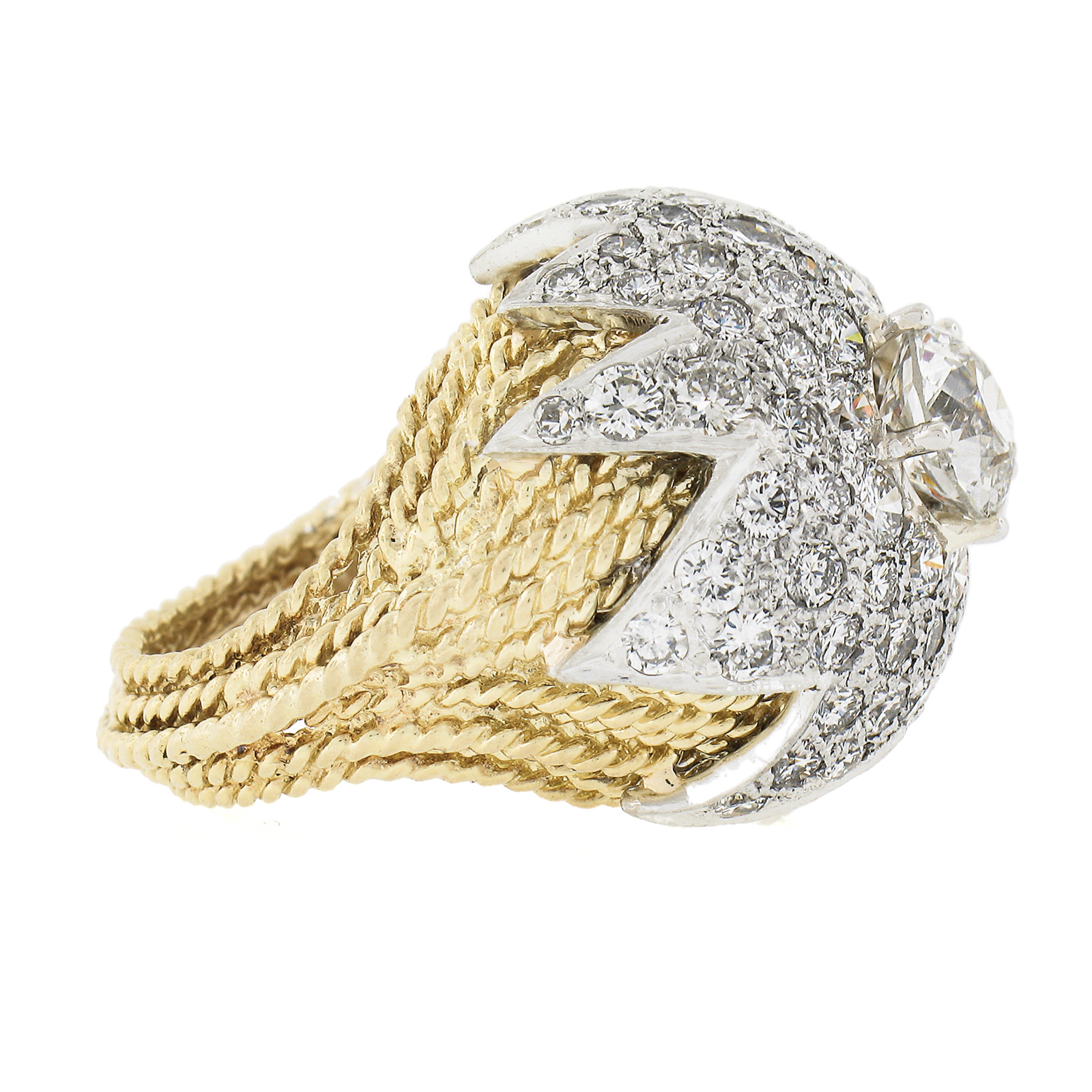 Donna Anello da cocktail d'epoca in oro 18k e platino GIA Old Diamond Floral Star Wire Work in vendita