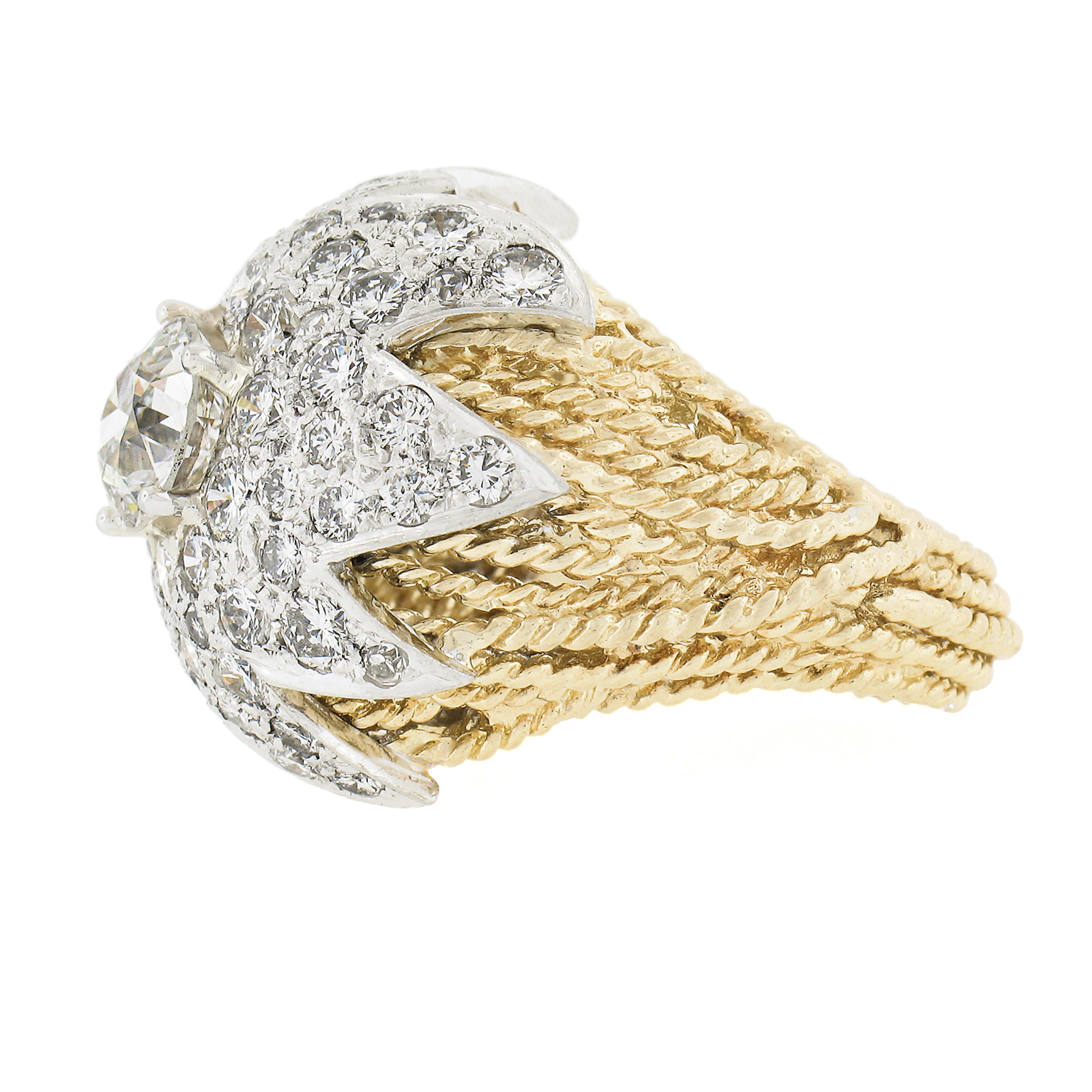 Anello da cocktail d'epoca in oro 18k e platino GIA Old Diamond Floral Star Wire Work in vendita 1