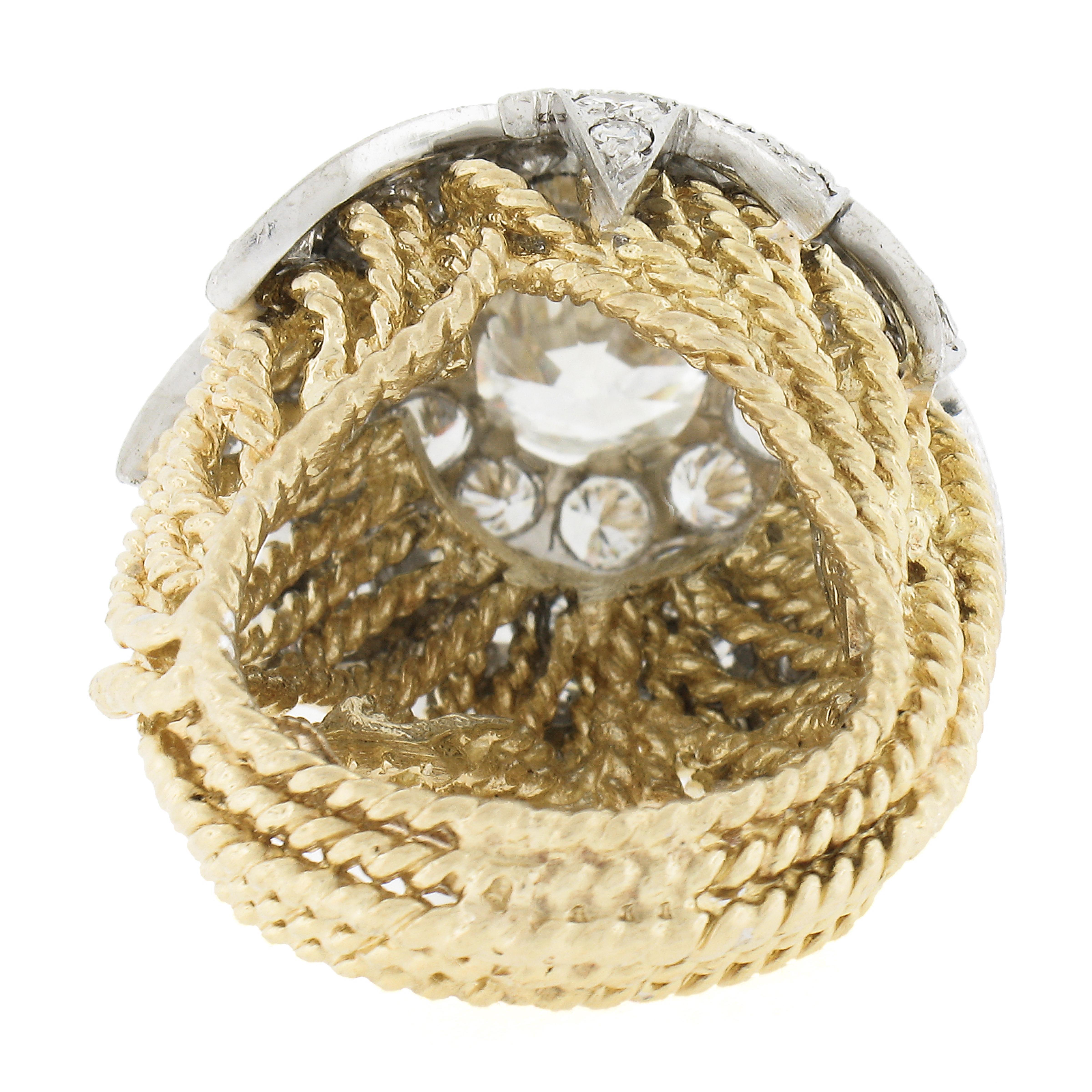 Anello da cocktail d'epoca in oro 18k e platino GIA Old Diamond Floral Star Wire Work in vendita 2