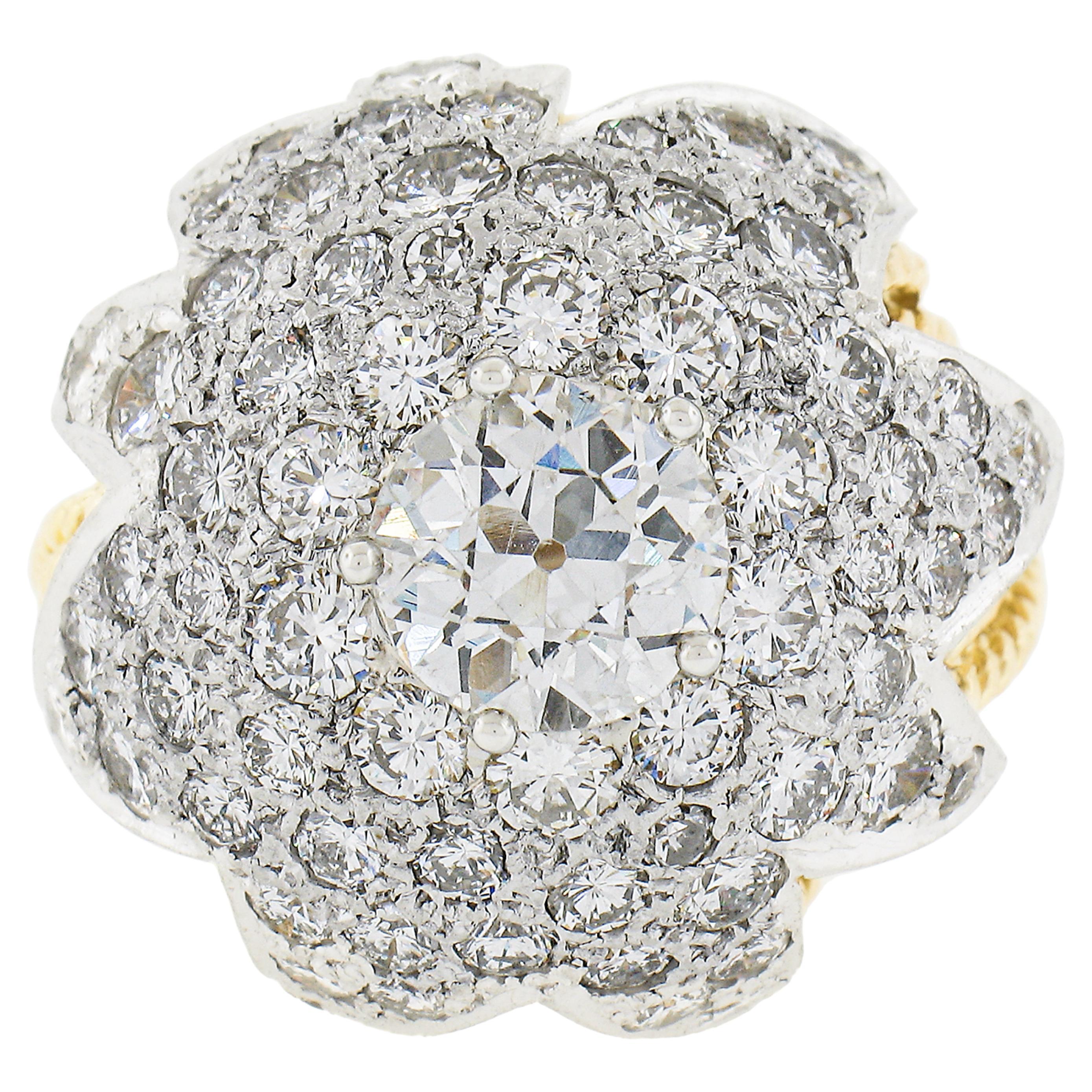 Vintage 18k Gold & Platinum Gia Old Diamond Floral Star Wire Work Cocktail Ring For Sale