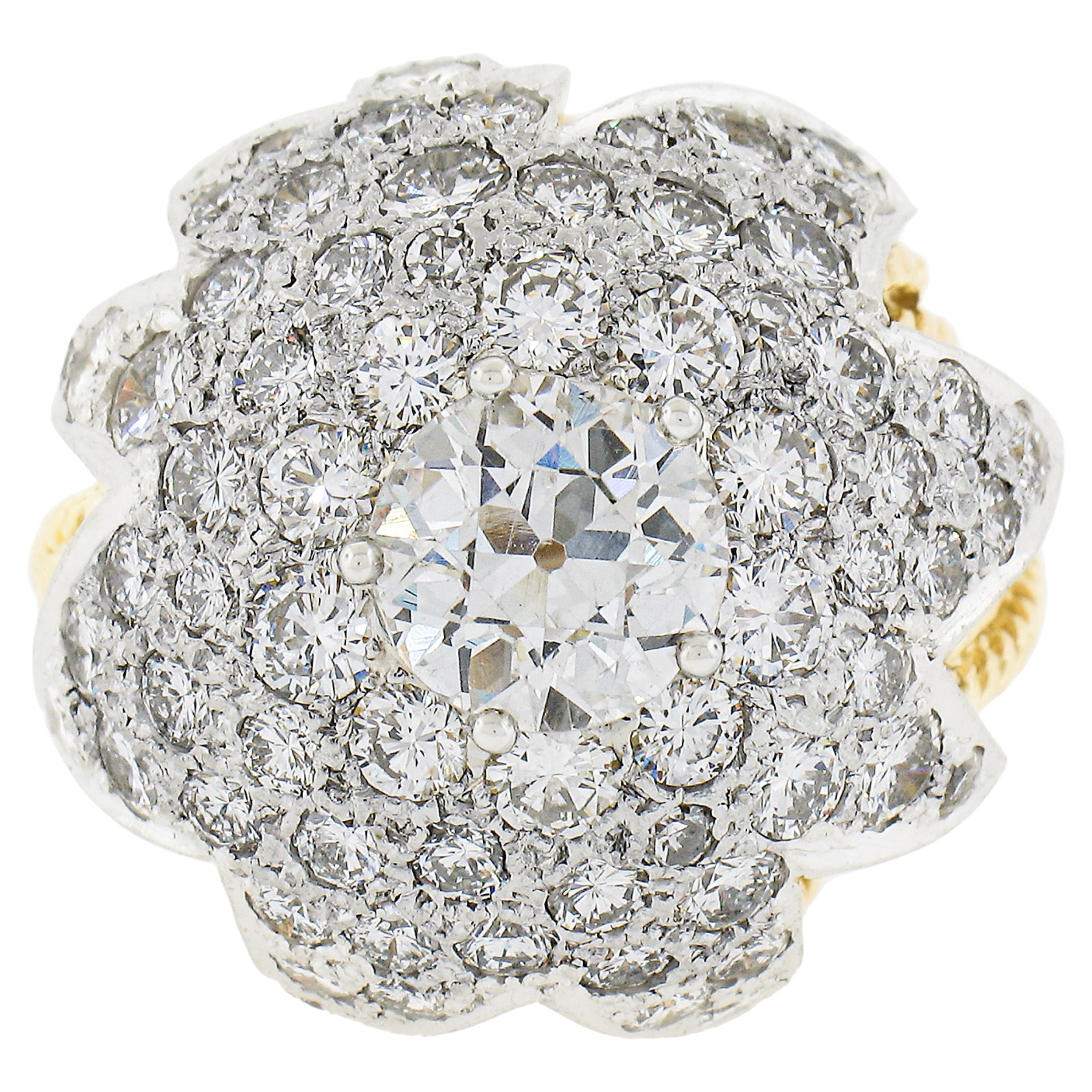 Anello da cocktail d'epoca in oro 18k e platino GIA Old Diamond Floral Star Wire Work in vendita