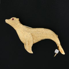 Vintage 18K Gold & Platinum Hand Sea Lion Seal w/ Ruby & Diamond Pin Brooch