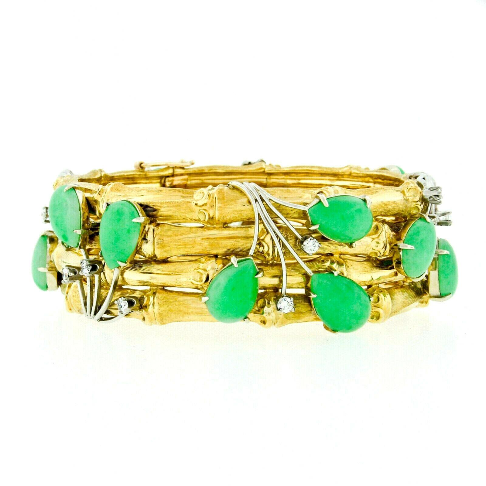 Here we have a magnificent vintage cuff-style bangle bracelet which was crafted from solid 18k yellow gold and solid platinum wire. The cuff features 14 pear cabochon cut jadeite stones that are prong set into platinum baskets at the end of the