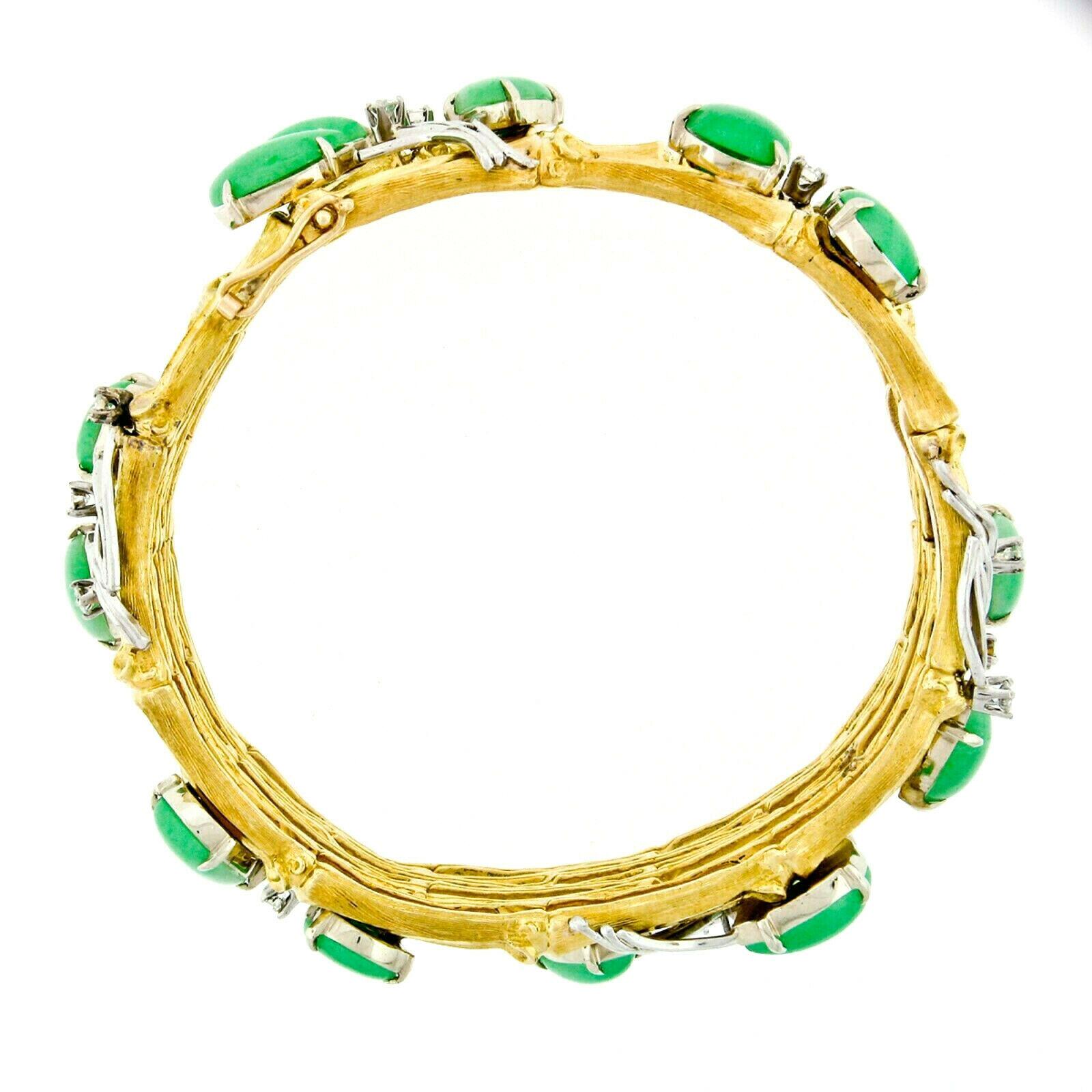 Vintage 18k Gold & Platinum Jade & Diamond 4 Row Wide Bamboo Bangle Bracelet In Good Condition In Montclair, NJ