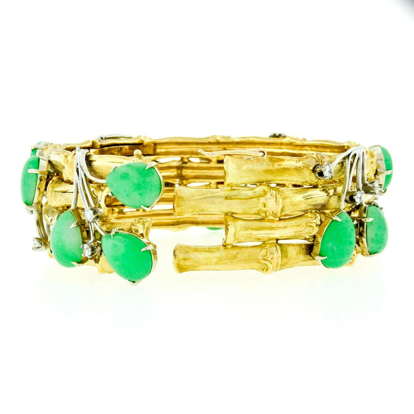 Vintage 18k Gold & Platinum Jade & Diamond 4 Row Wide Bamboo Bangle Bracelet 1