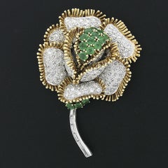 Vintage 18k Gold Platinum Large Flower Pin Brooch w/ 19.09ctw Emerald & Diamond