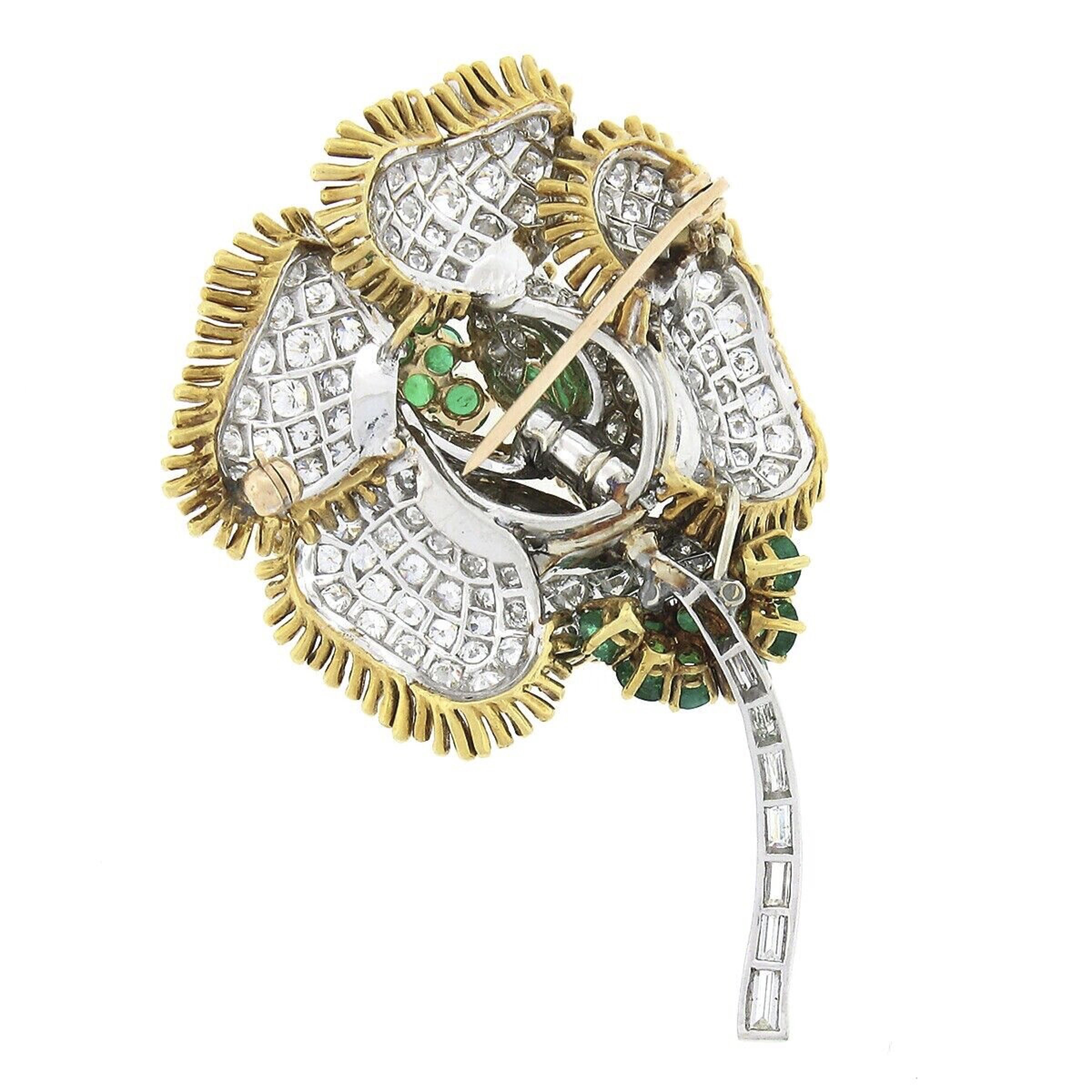 Round Cut Vintage 18k Gold Platinum Large Flower Pin Brooch w/ 19.09ctw Emerald & Diamond