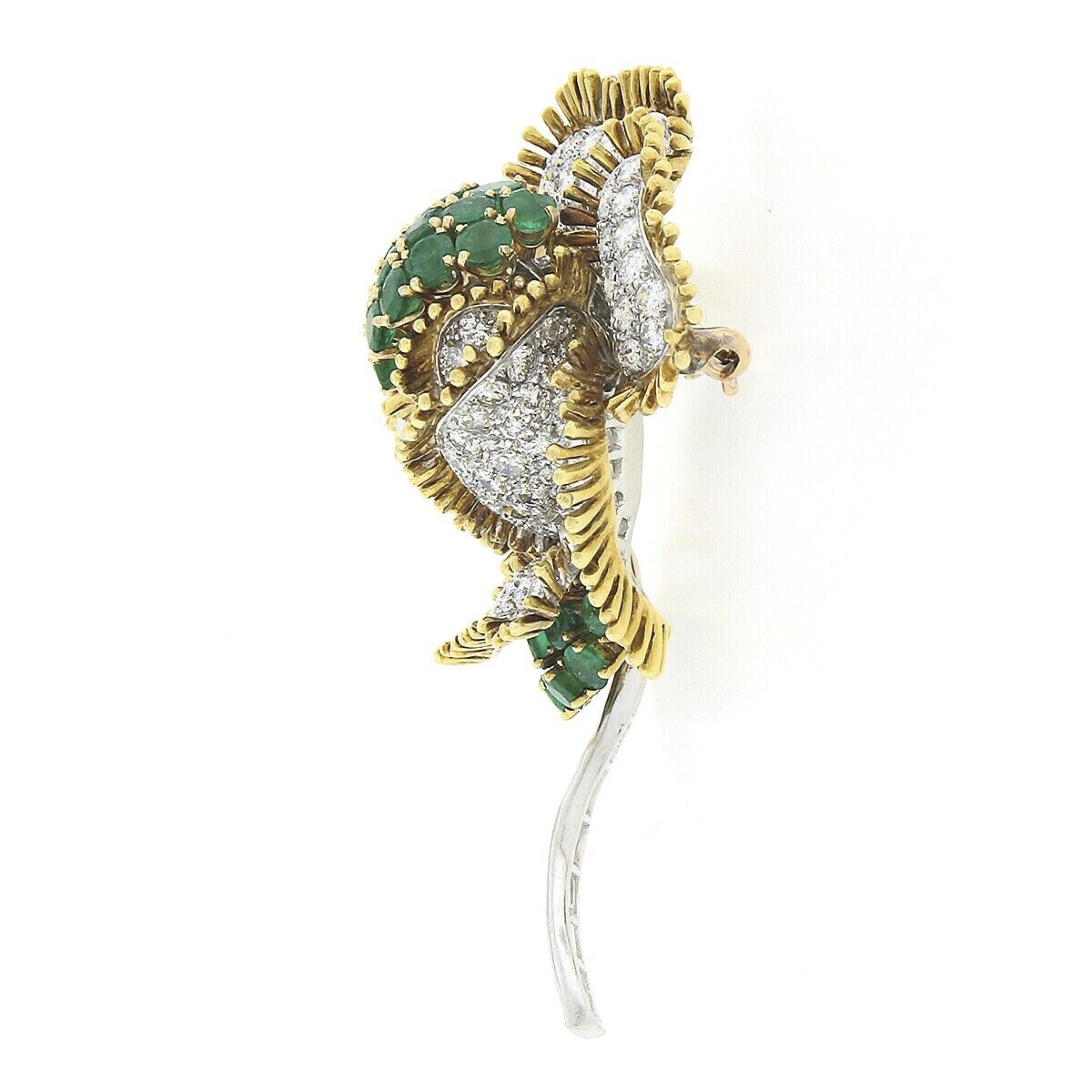 Vintage 18k Gold Platinum Large Flower Pin Brooch w/ 19.09ctw Emerald & Diamond In Good Condition In Montclair, NJ