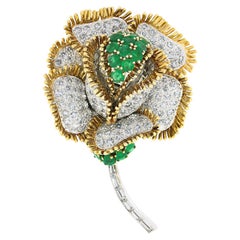 Vintage 18k Gold Platinum Large Flower Pin Brooch w/ 19.09ctw Emerald & Diamond