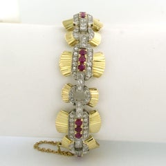 Vintage 18k Gold & Platin Link Armband mit Rubin & Diamanten, 1950