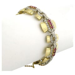 Vintage 18k Gold & Platin Link Armband mit Rubin & Diamanten, 1950