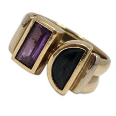 Vintage 18K Gold Purple Sapphire & Green Tourmaline Bypass Ring