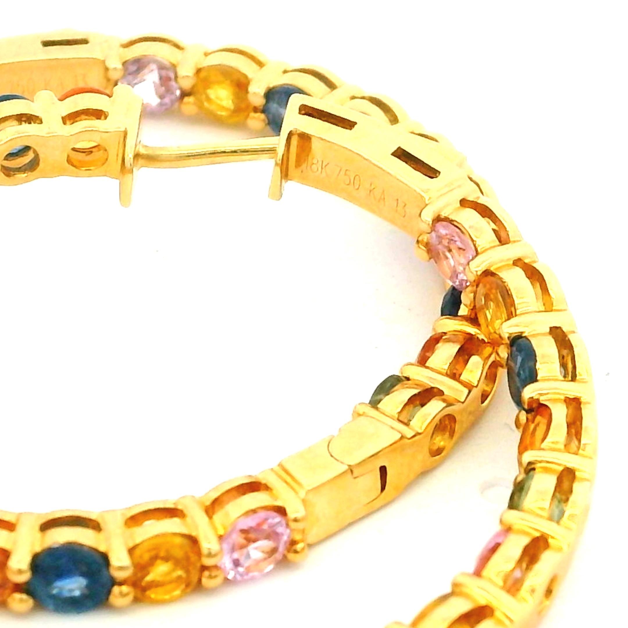 Vintage 18K Gold Rainbow Hoop Earrings with 13 Carats of Natural Sapphires For Sale 5