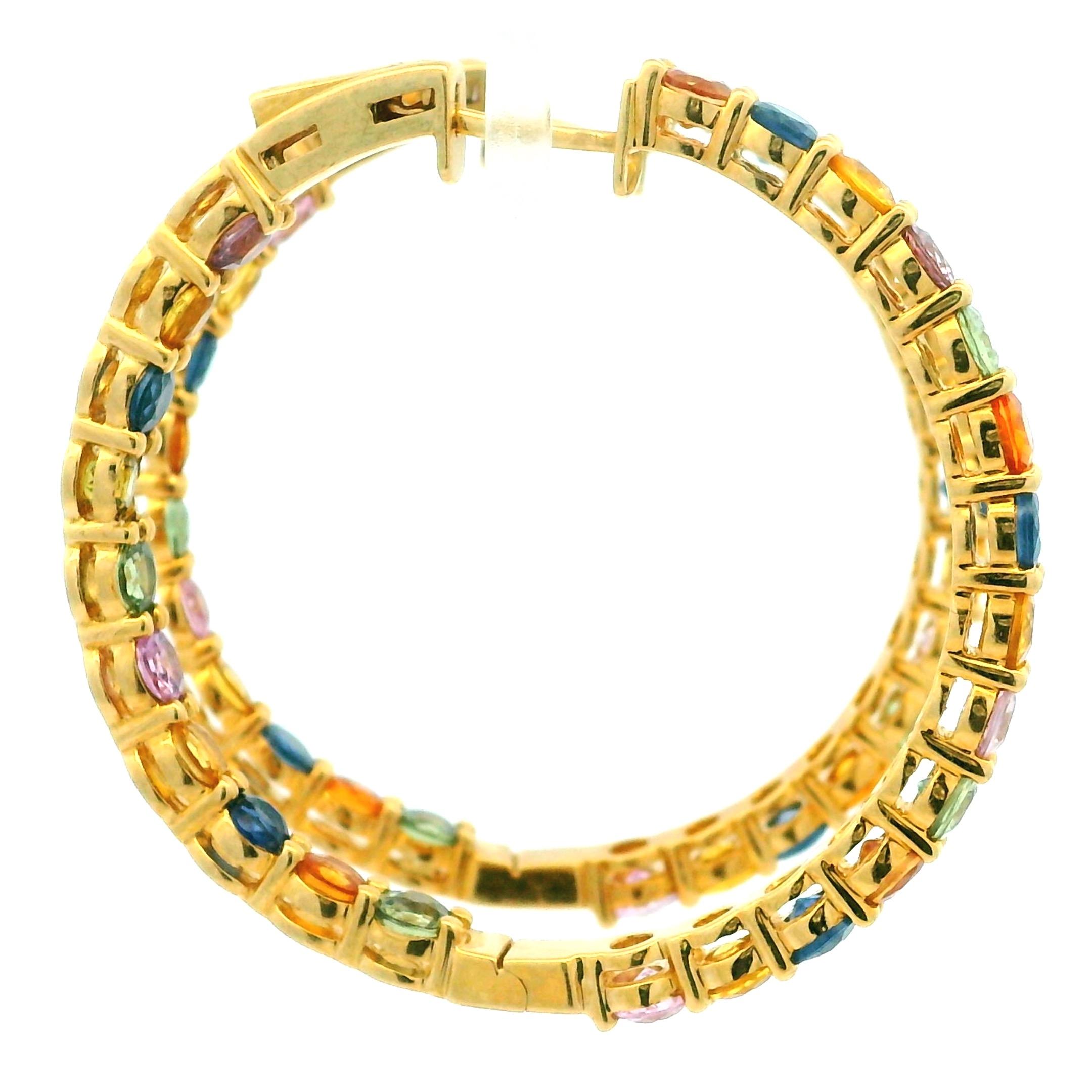 Women's Vintage 18K Gold Rainbow Hoop Earrings with 13 Carats of Natural Sapphires For Sale