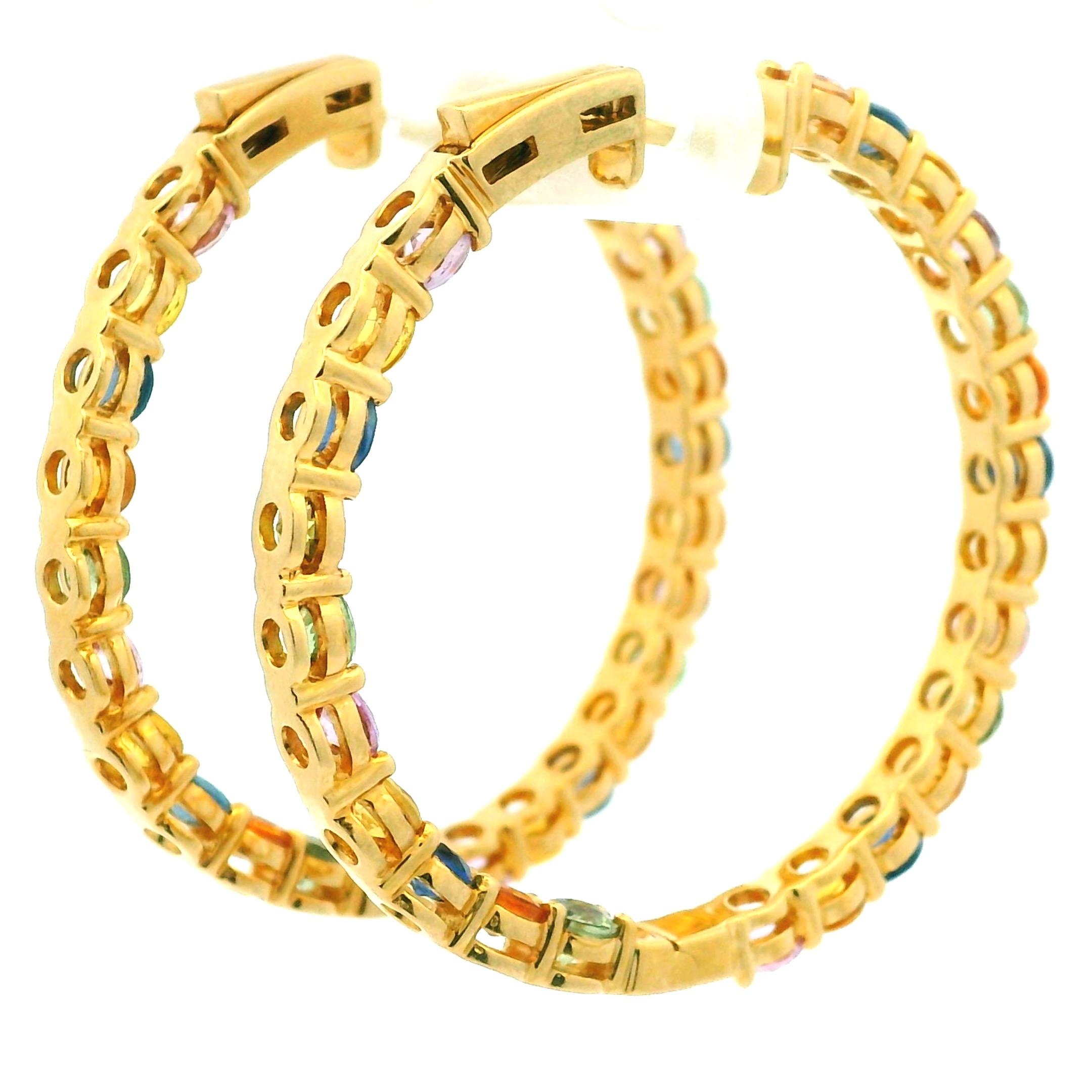 Vintage 18K Gold Rainbow Hoop Earrings with 13 Carats of Natural Sapphires For Sale 1