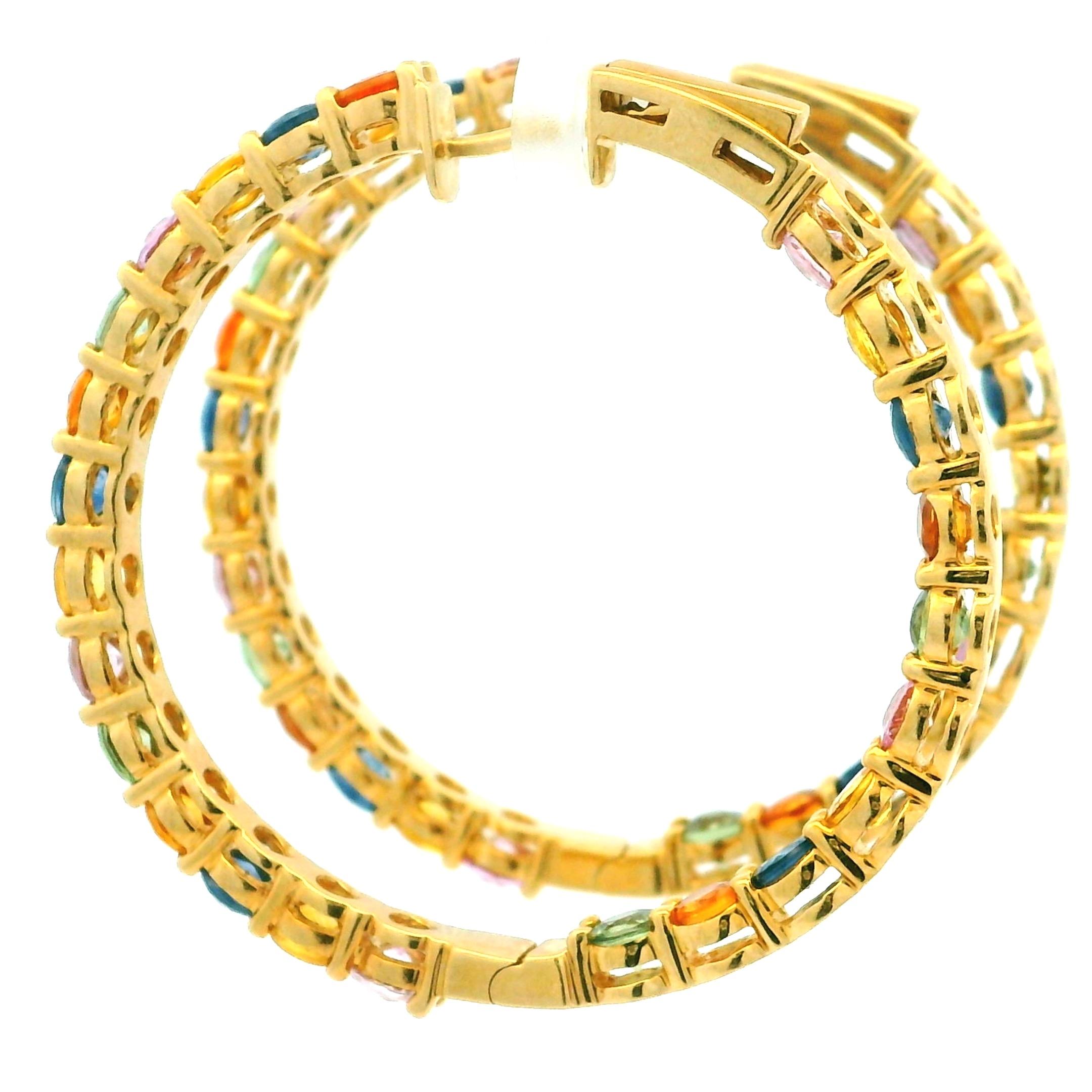 Vintage 18K Gold Rainbow Hoop Earrings with 13 Carats of Natural Sapphires For Sale 3