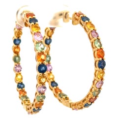 Pendientes de aro arco iris de oro vintage de 18 quilates con 10 quilates de zafiros naturales