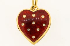 Vintage 18 Karat Gold Red Enamel Diamond Heart Pendant